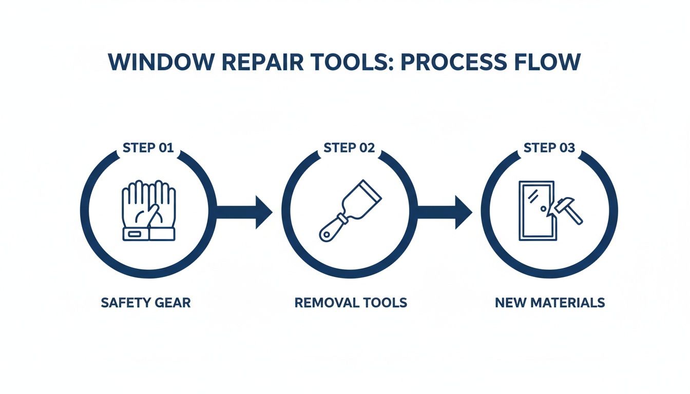 A three-step process flow for window repair showing safety gear, removal tools, and new materials.