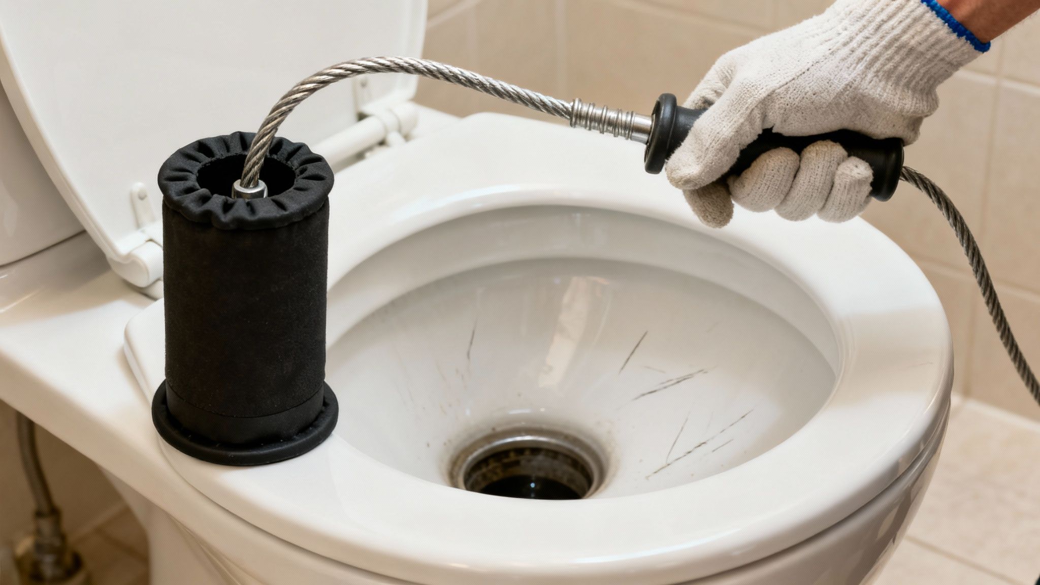 A gloved hand uses a plumbing snake to clear a clogged toilet, with a black canister on the rim.