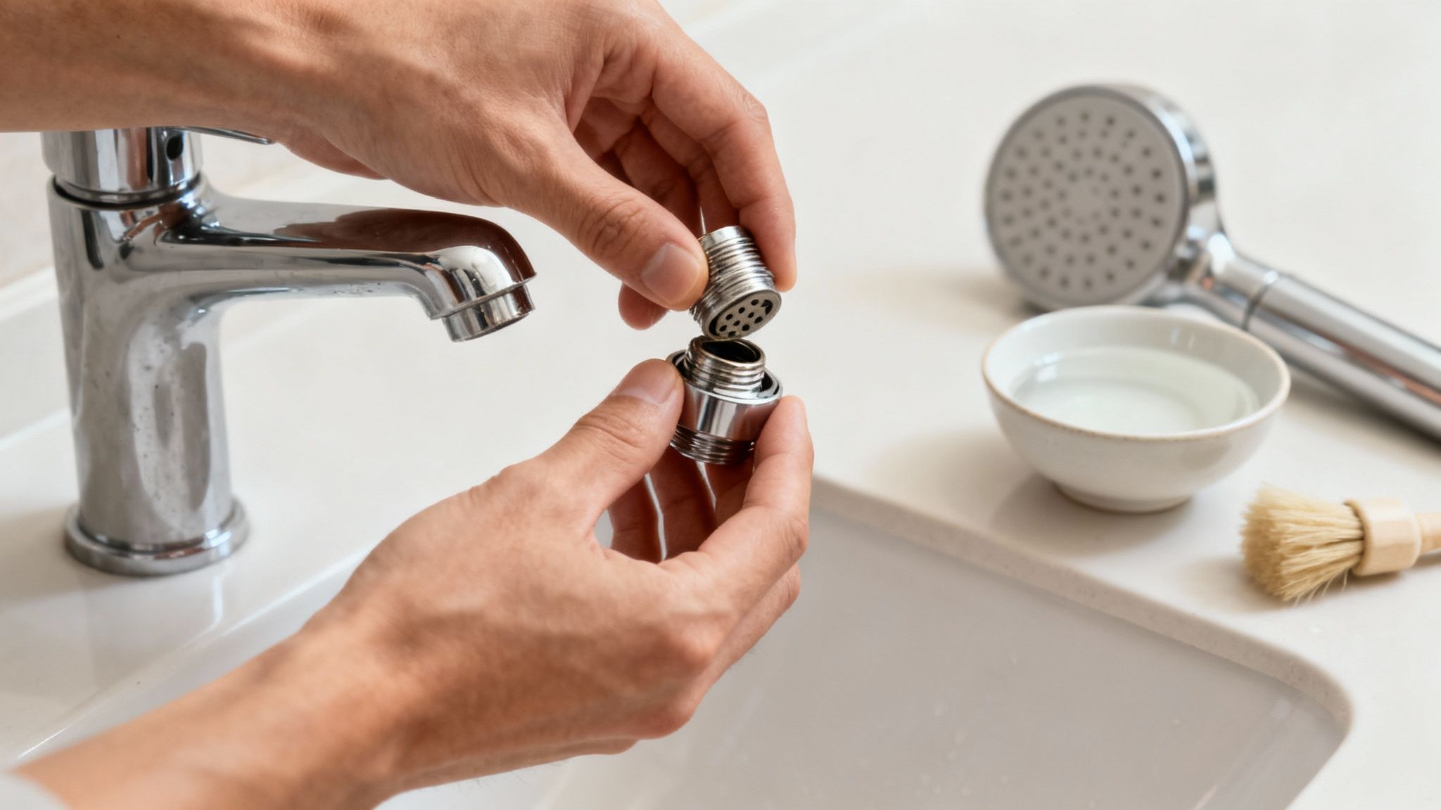 Close-up of hands disassembling a chrome faucet aerator over a white sink for cleaning.