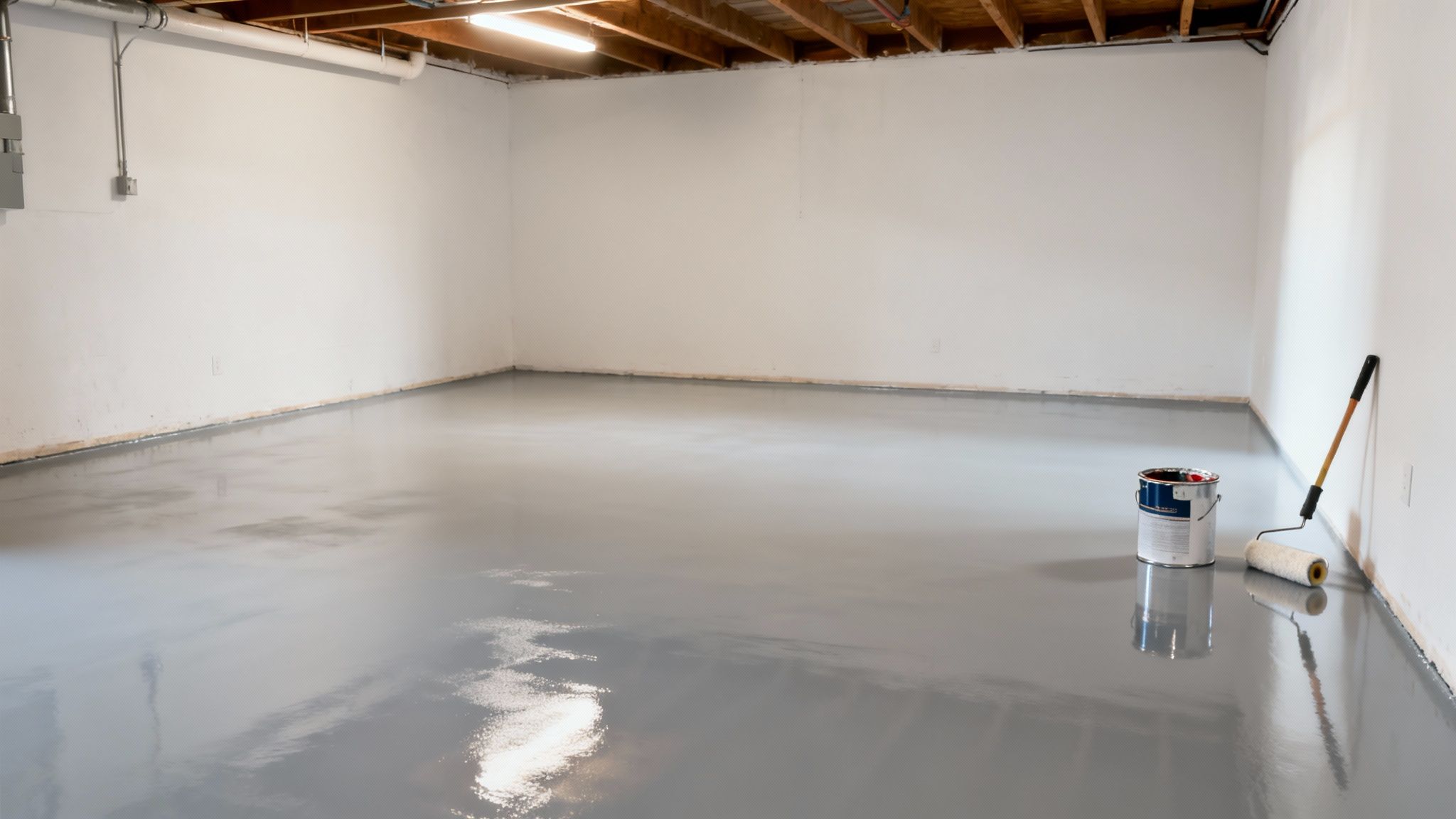 A newly painted gray epoxy floor in a basement, with a paint can and roller.