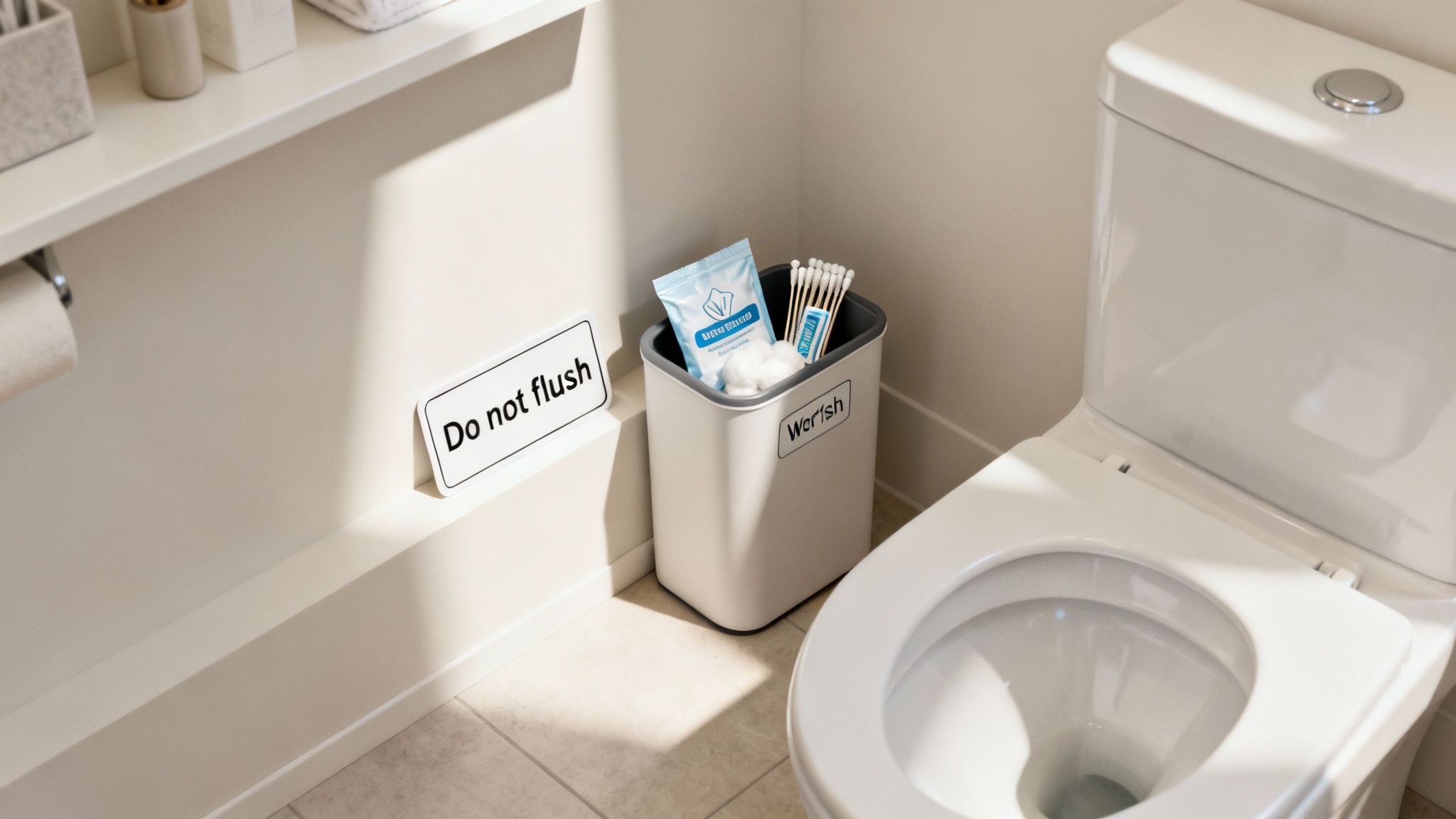 A clean bathroom scene with a toilet, a waste bin filled with non-flushable items, and a 'Do not flush' sign.