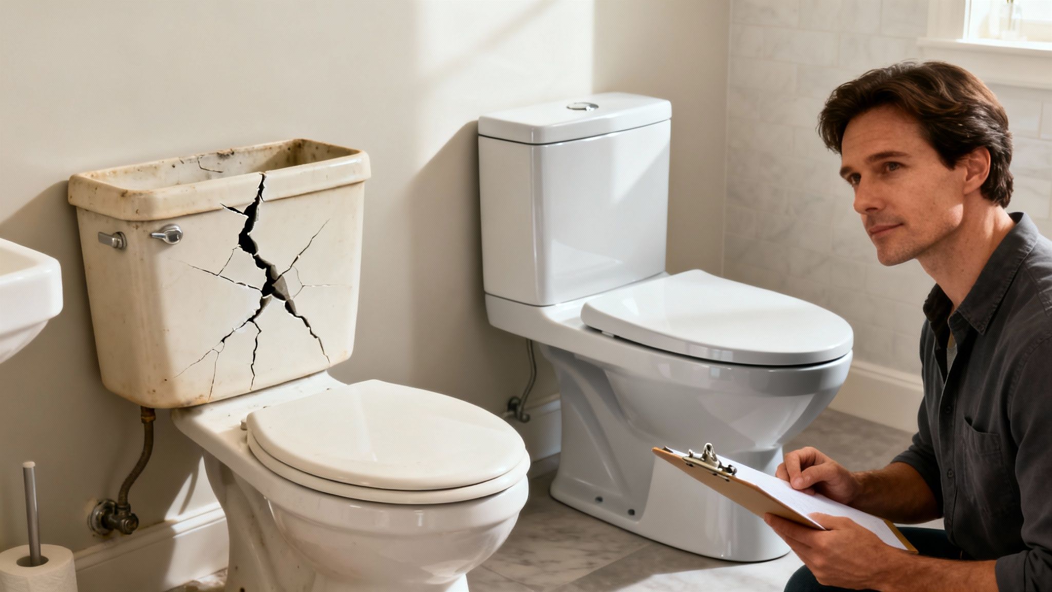 A man inspecting a badly cracked toilet tank next to a new, modern toilet.