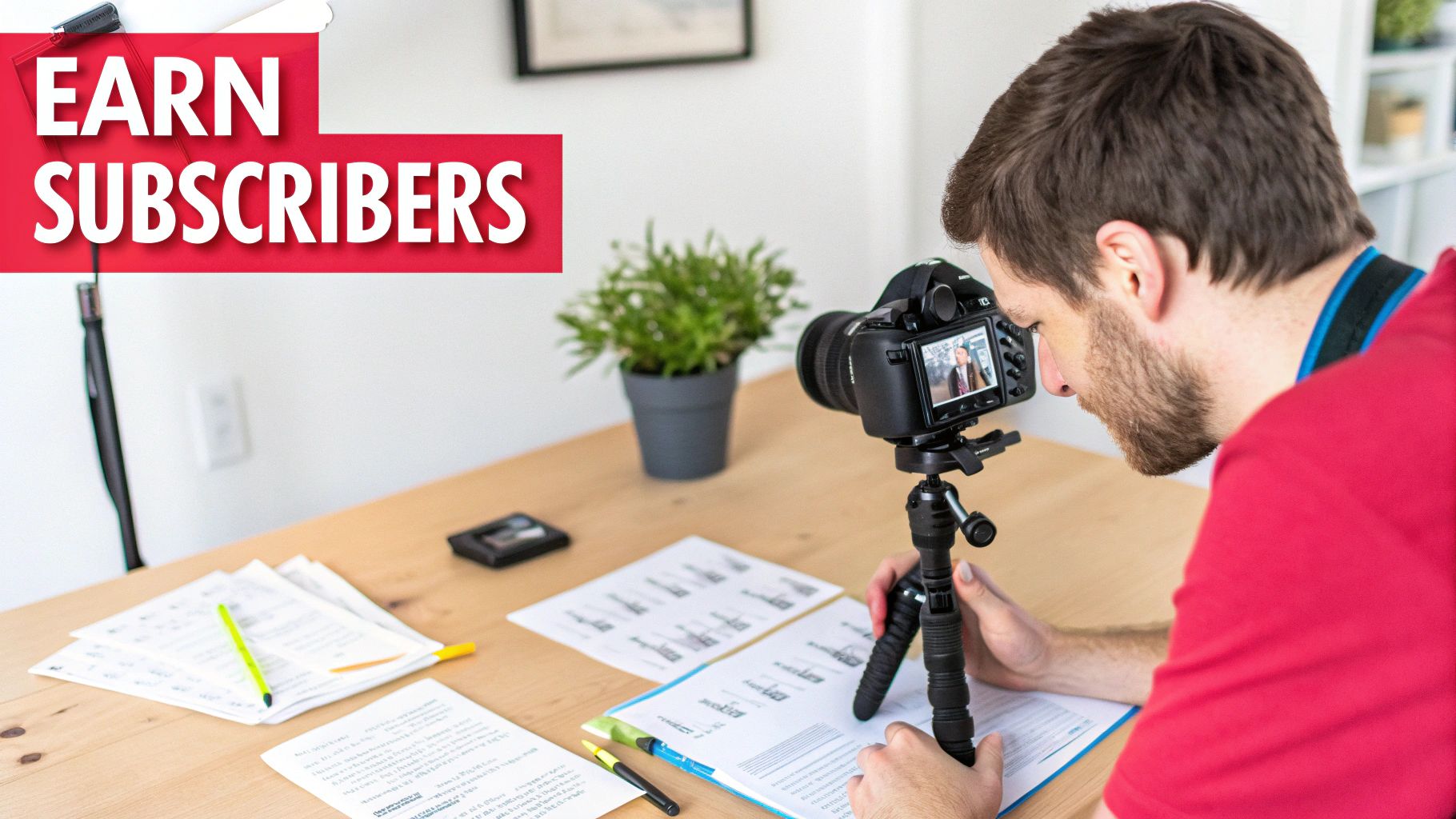A man records a video of himself with a camera on a tripod, aiming to earn subscribers.
