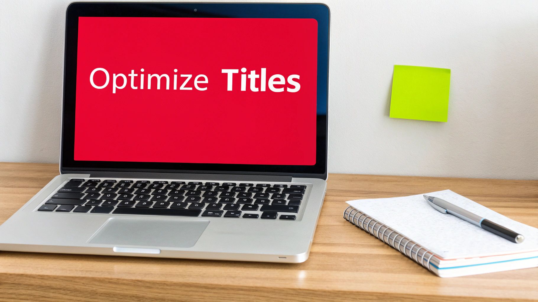 Laptop on a wooden desk showing "Optimize Titles" on screen, with a notebook and sticky note.