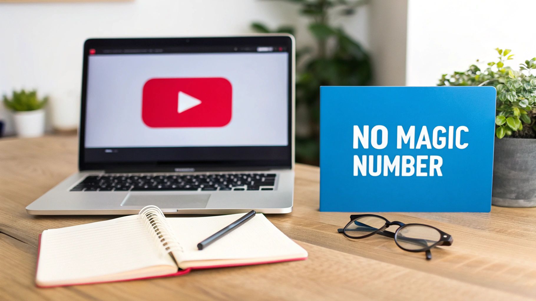Laptop displaying YouTube logo, a 'NO MAGIC NUMBER' sign, notebook, pen, and glasses on a wooden desk.
