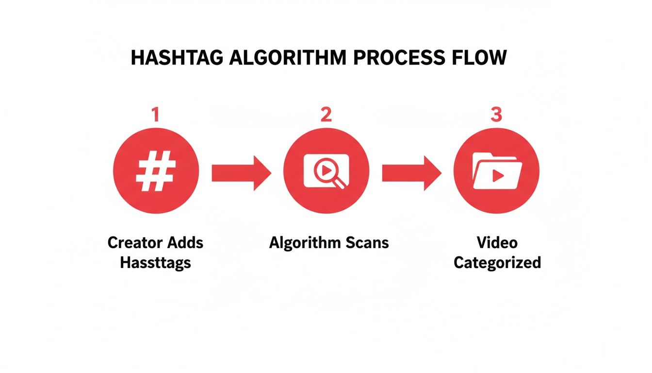 Flowchart depicting the three-step hashtag algorithm process for video content categorization.