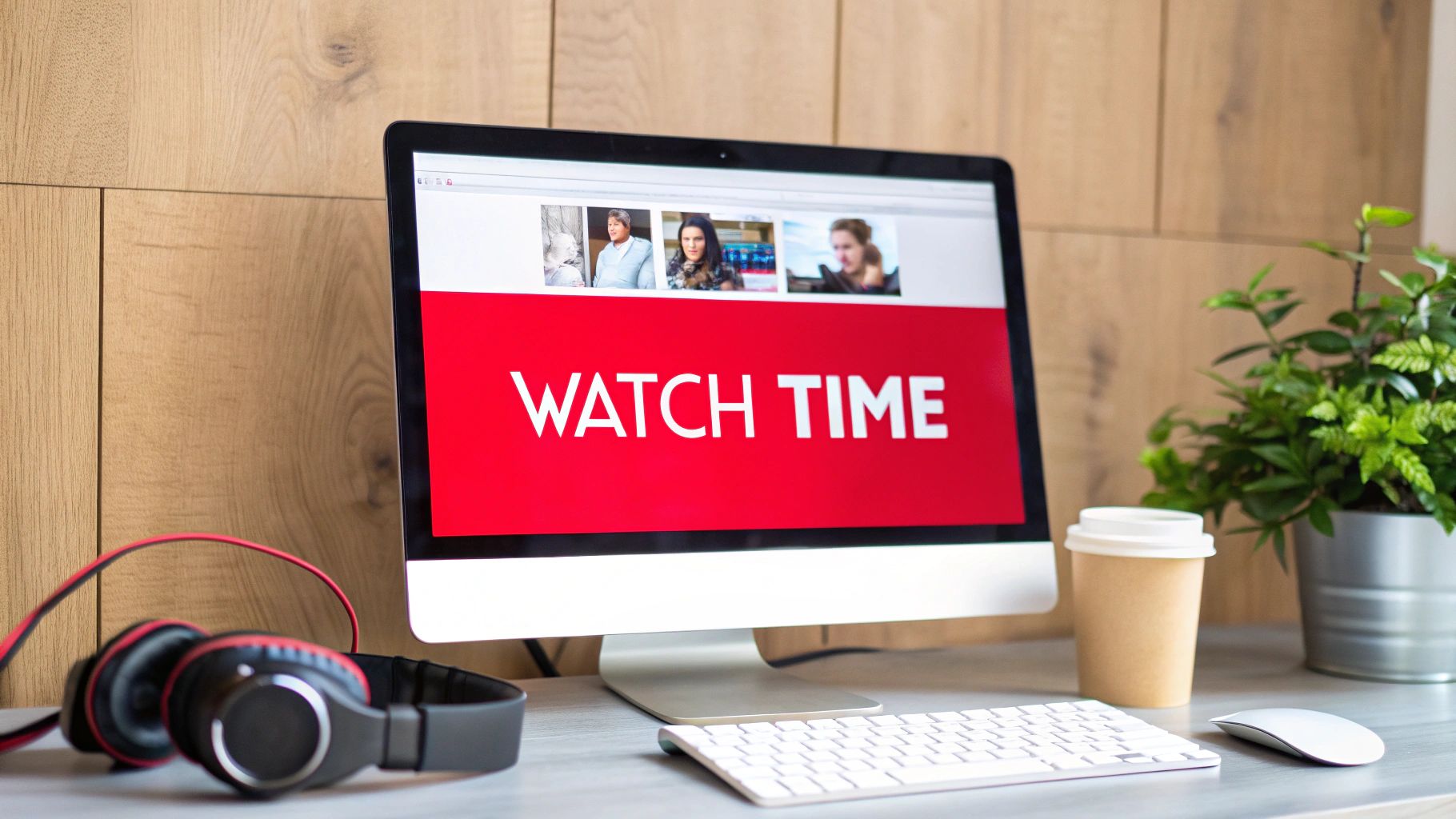 A desktop computer displays 'WATCH TIME' on a red screen with headphones, coffee, and a plant on a desk.