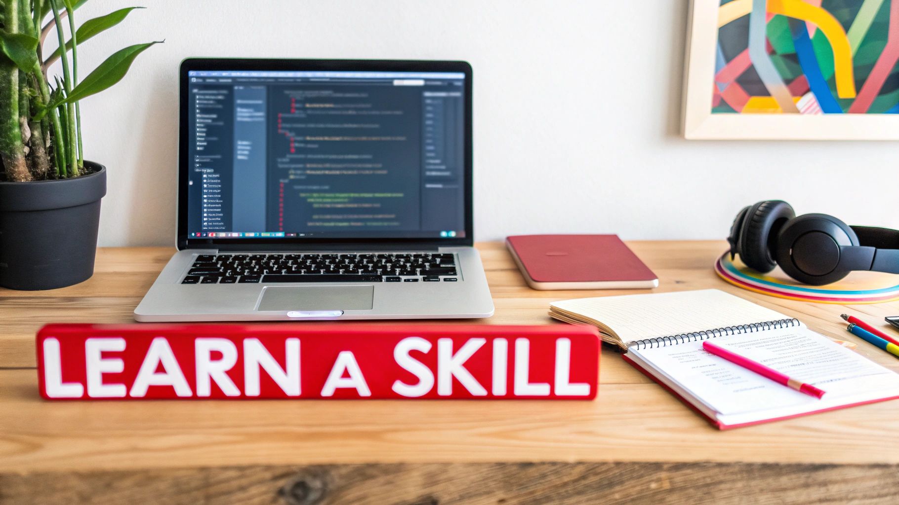 A desk with a laptop displaying code, a plant, headphones, and a 'LEARN A SKILL' sign.