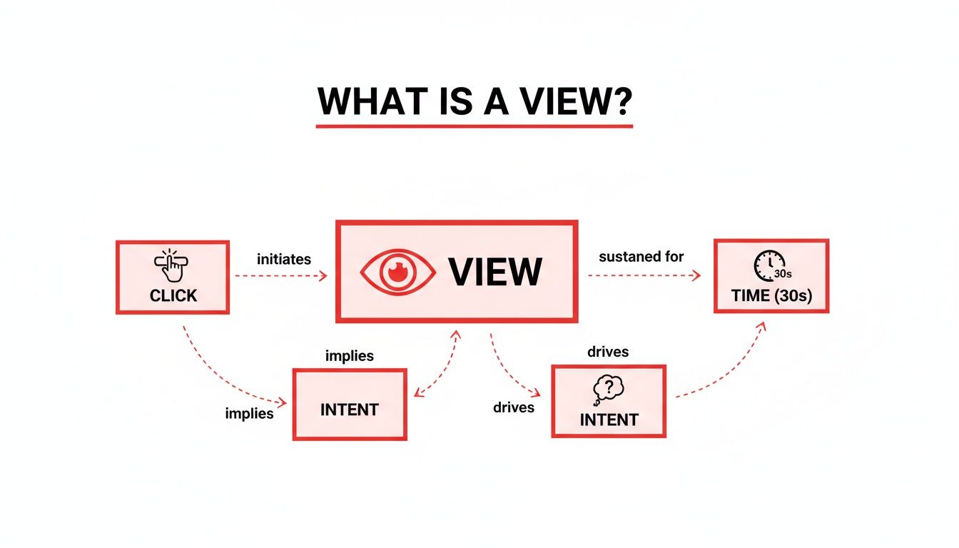 A diagram explaining 'what is a view,' showing relationships between click, view, intent, and time duration.