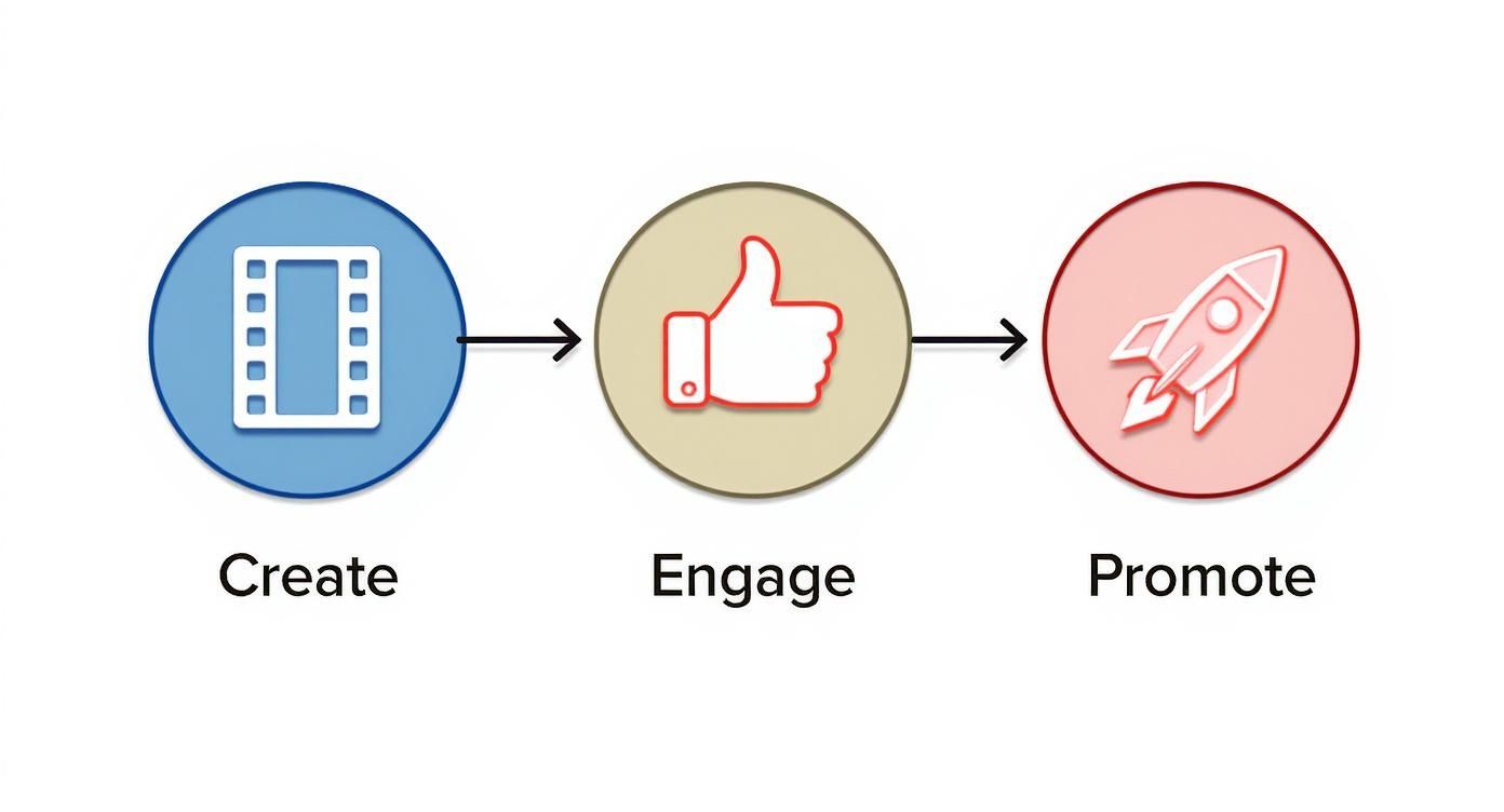 Diagram illustrating the process of creating content, engaging with audiences, and promoting for growth.