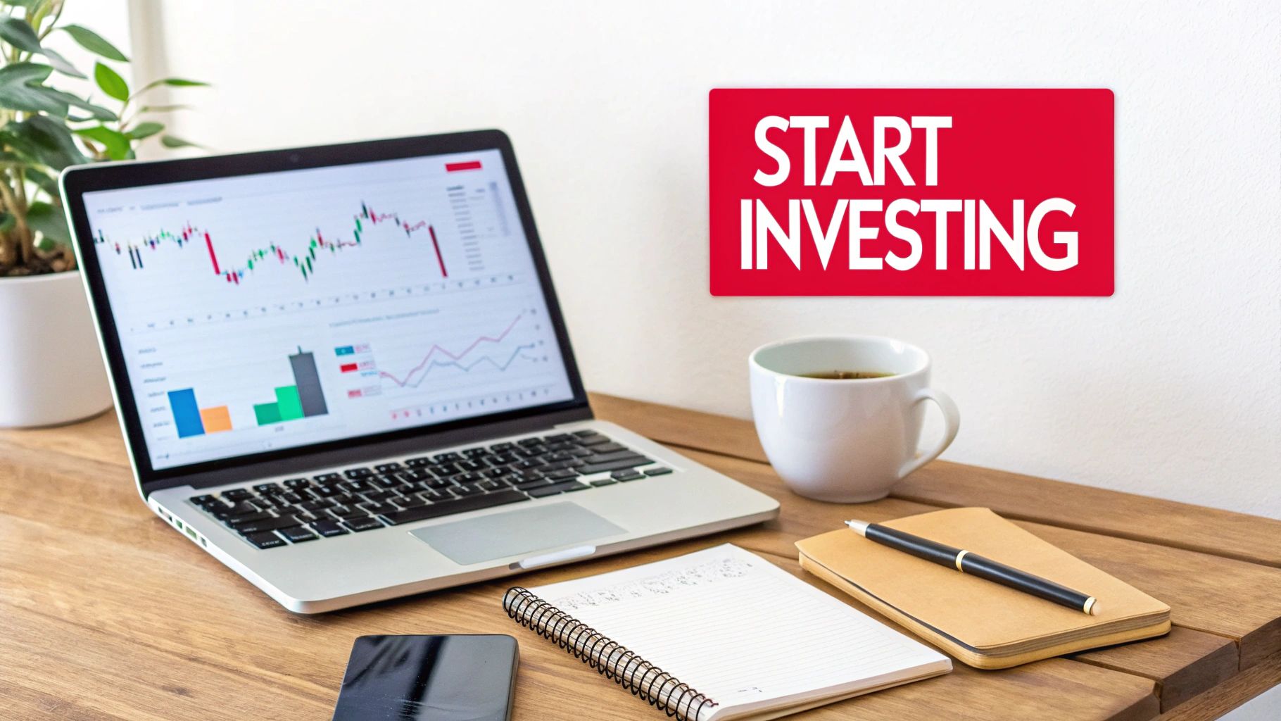 A laptop showing financial charts next to a red 'START INVESTING' sign, coffee, and a notepad on a wooden desk.