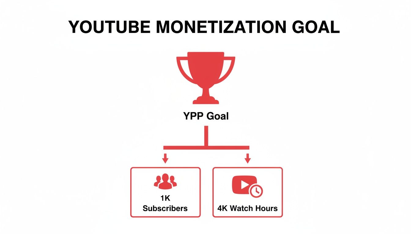 Diagram illustrating YouTube's monetization goal (YPP) with requirements: 1K subscribers and 4K watch hours.