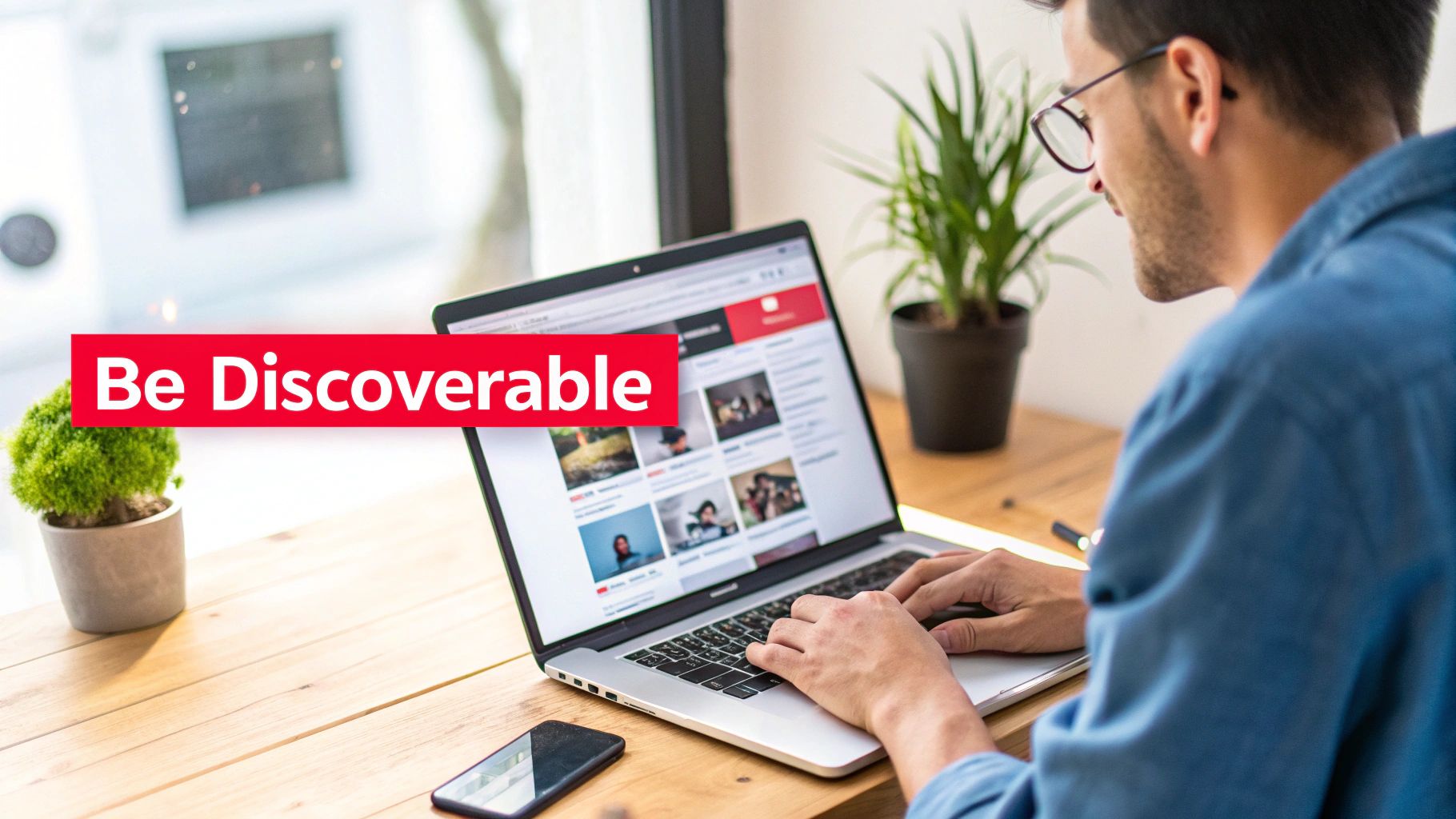 A man wearing glasses works on a laptop at a desk with plants and a phone, displaying 'Be Discoverable'.