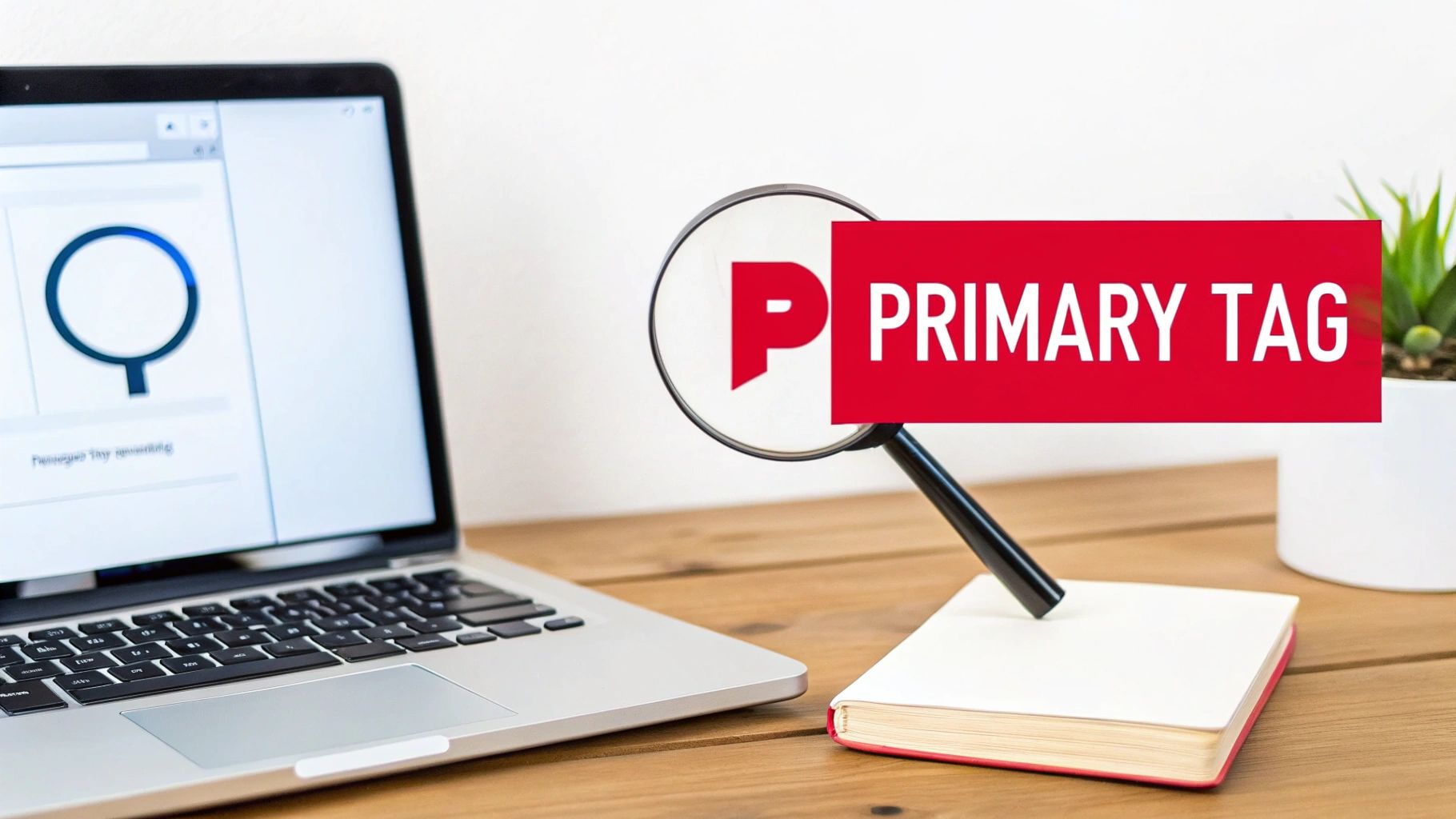 A magnifying glass highlights 'PRIMARY TAG' on a red banner, next to a laptop and notebook on a wooden desk.