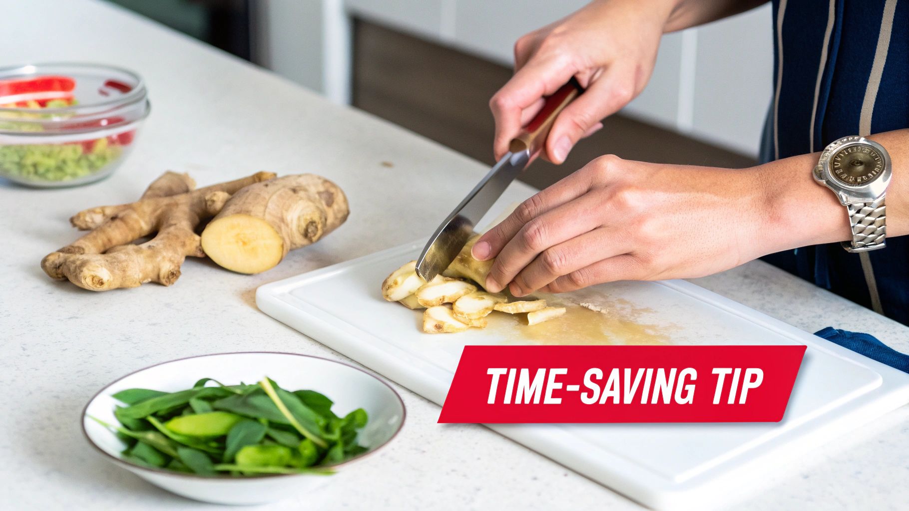 A person is slicing fresh ginger root on a white cutting board, preparing ingredients for cooking.
