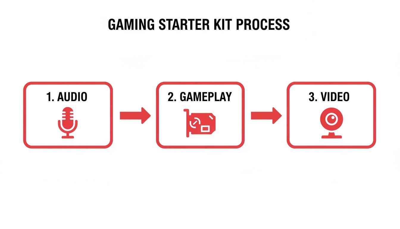 A flowchart illustrating the gaming starter kit process, detailing audio, gameplay, and video steps.