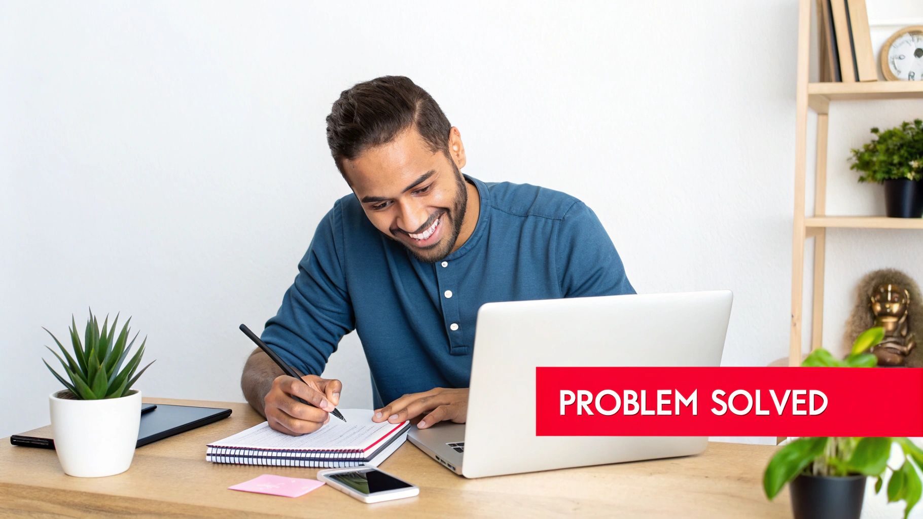 A happy man smiles while writing in a notebook next to a laptop with 'PROBLEM SOLVED' text.