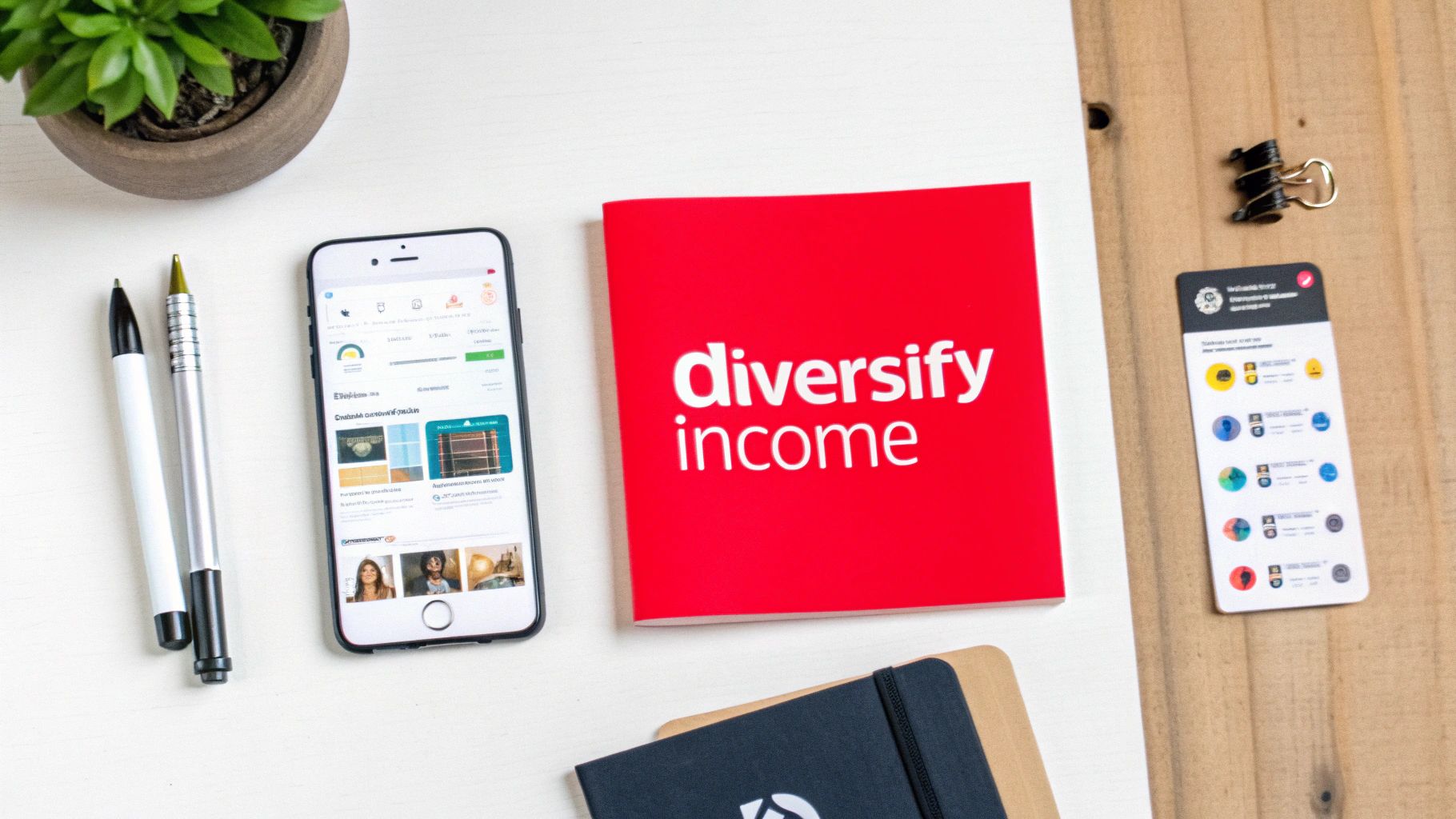 Overhead shot of a workspace with a smartphone, pens, plant, and a red notebook stating 'diversify income'.