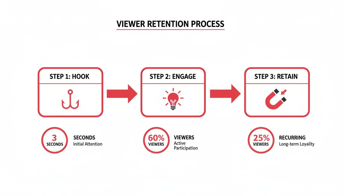 Infographic showing viewer retention process steps: hook, engage, and retain with metrics.