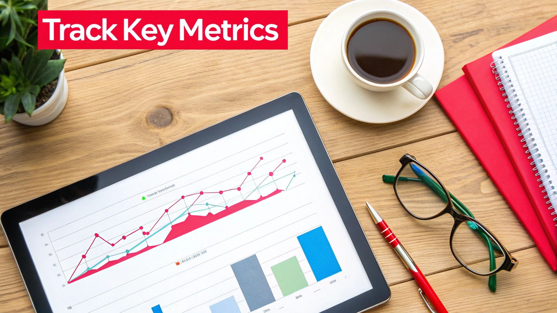 Overhead shot of a workspace with a tablet showing key metrics graphs, coffee, notebooks, and glasses.