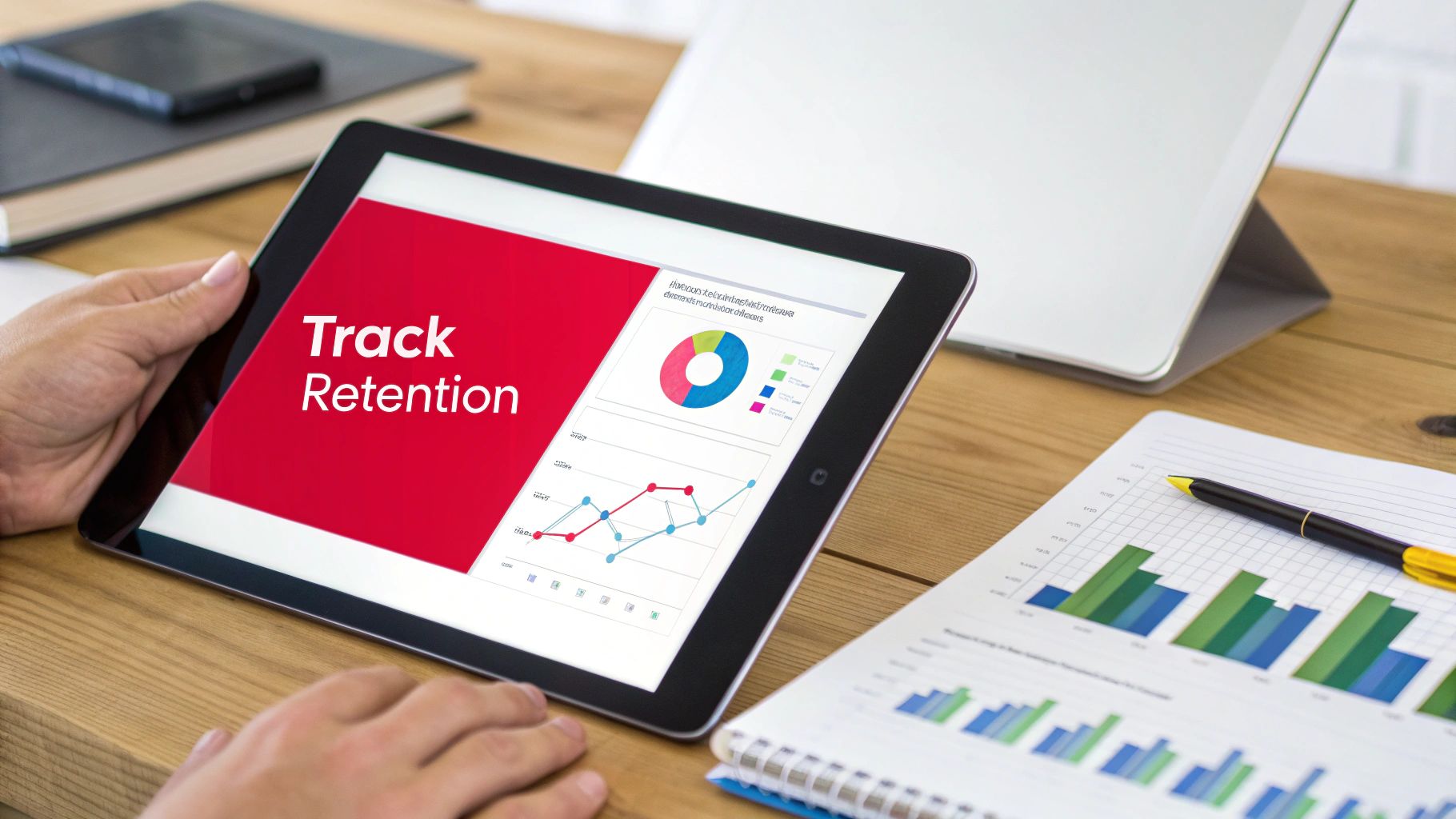 Hands hold a tablet displaying "Track Retention" and analytics data, with a notebook and pen on a wooden desk.