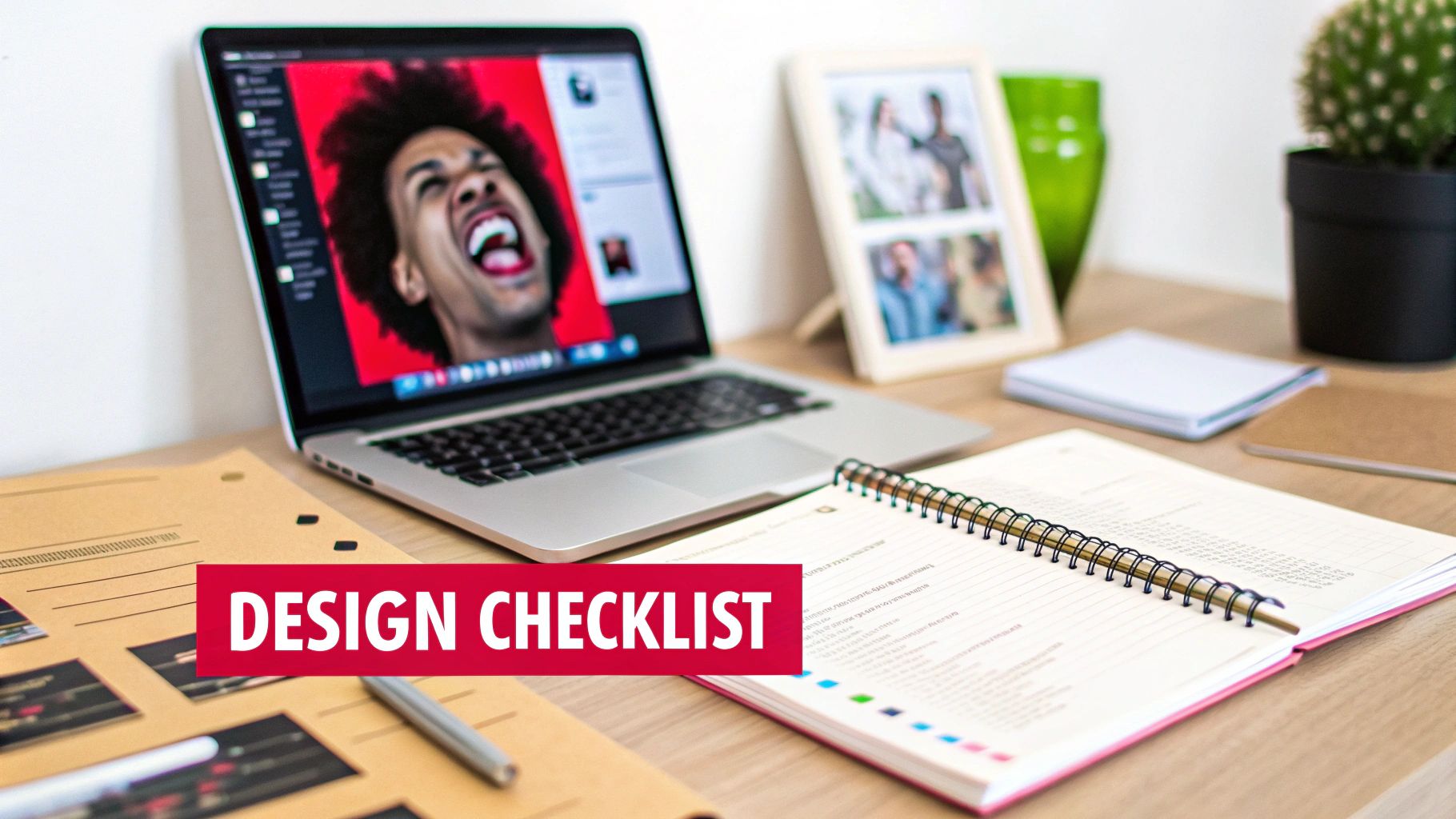 A creative workspace featuring a laptop displaying a person's face, an open notebook, and a design checklist.
