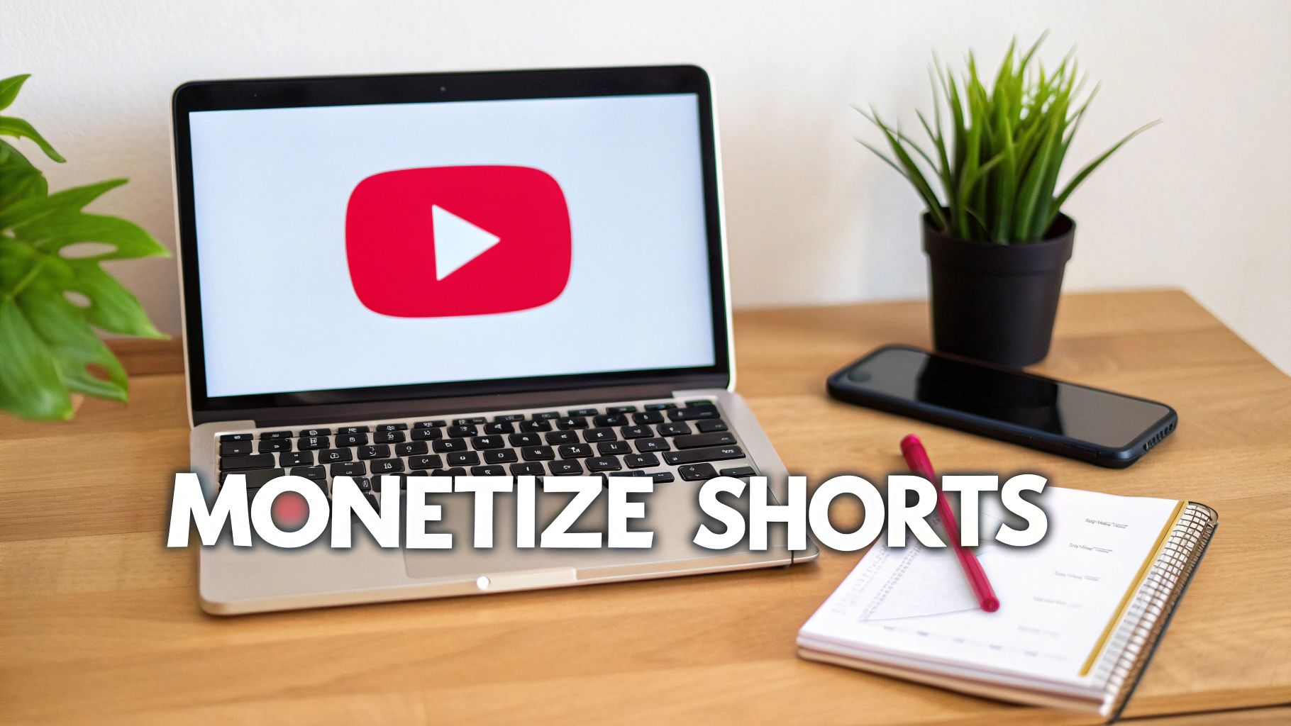 A laptop displaying the YouTube logo with 'MONETIZE SHORTS' text, a smartphone, and a notebook on a wooden desk.