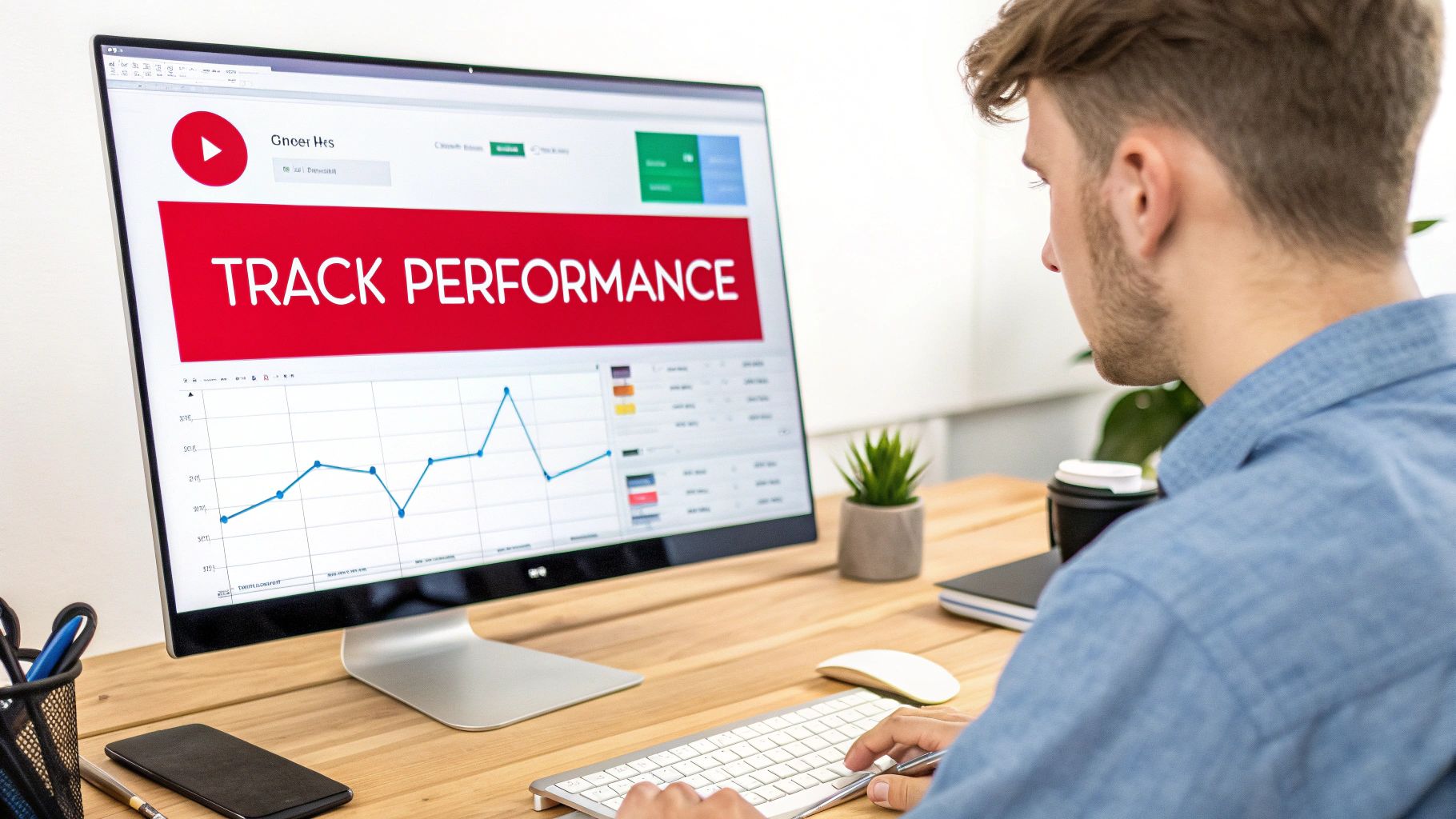 A man monitors performance data and analytics on a computer screen, showing a line graph.