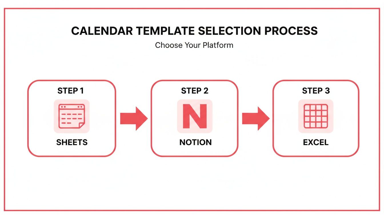 Infographic showing a three-step calendar template selection process, including Sheets, Notion, and Excel.