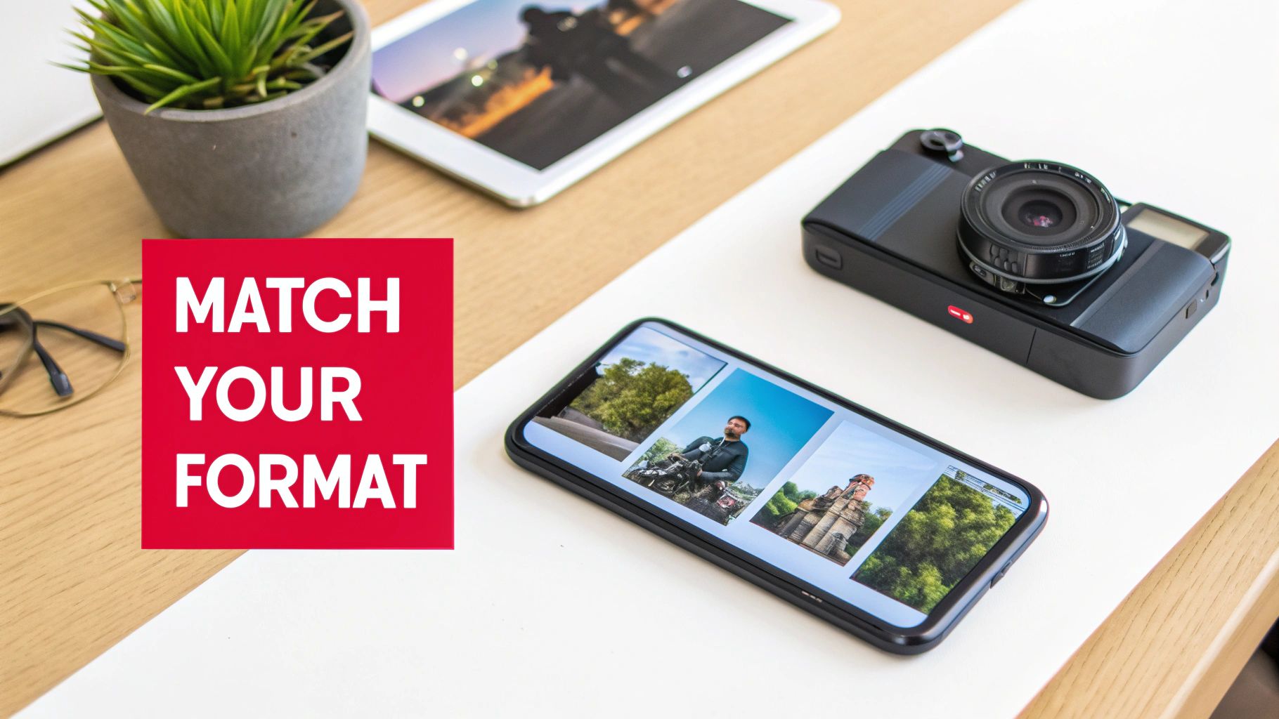 A desk with a plant, camera, smartphone showing photos, tablet, and text 'MATCH YOUR FORMAT'.