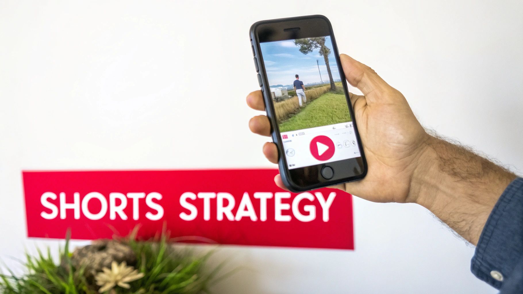 A hand holds a smartphone displaying a vertical video with a person walking on grass, and a 'SHORTS STRATEGY' sign is below.
