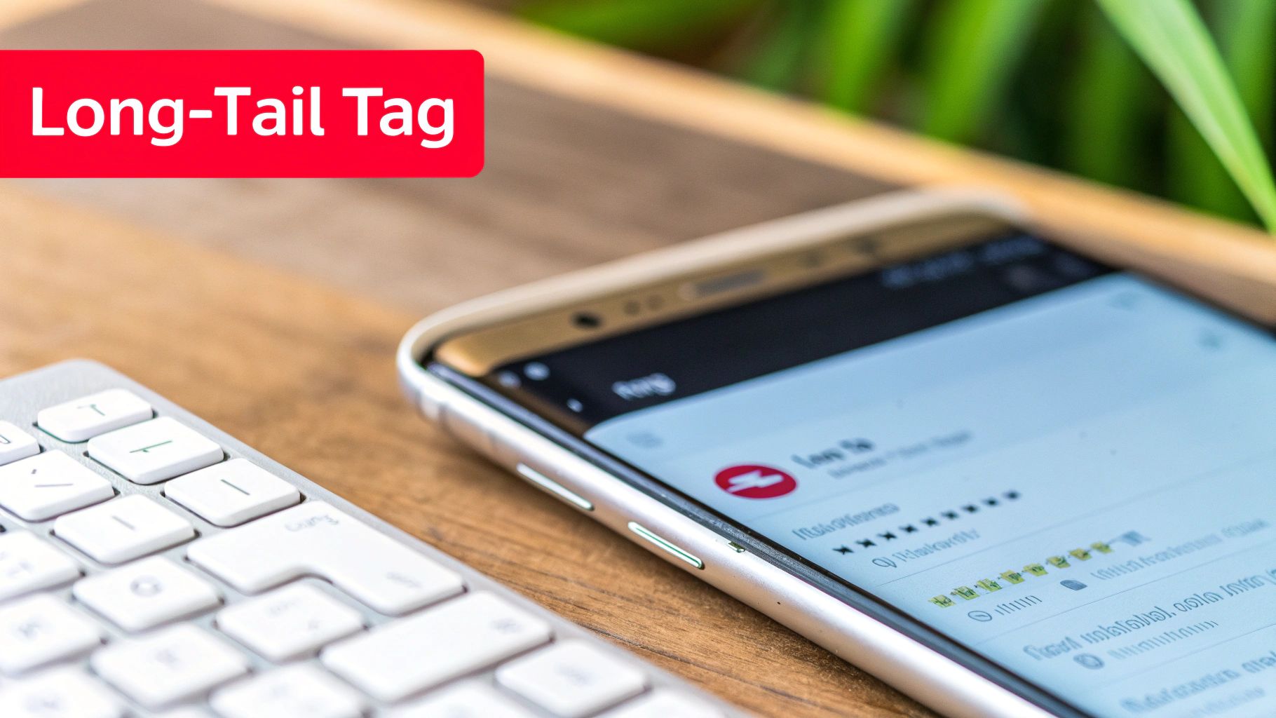 A red rectangular tag featuring the text 'Long-Tail Tag,' next to a smartphone and a white keyboard.
