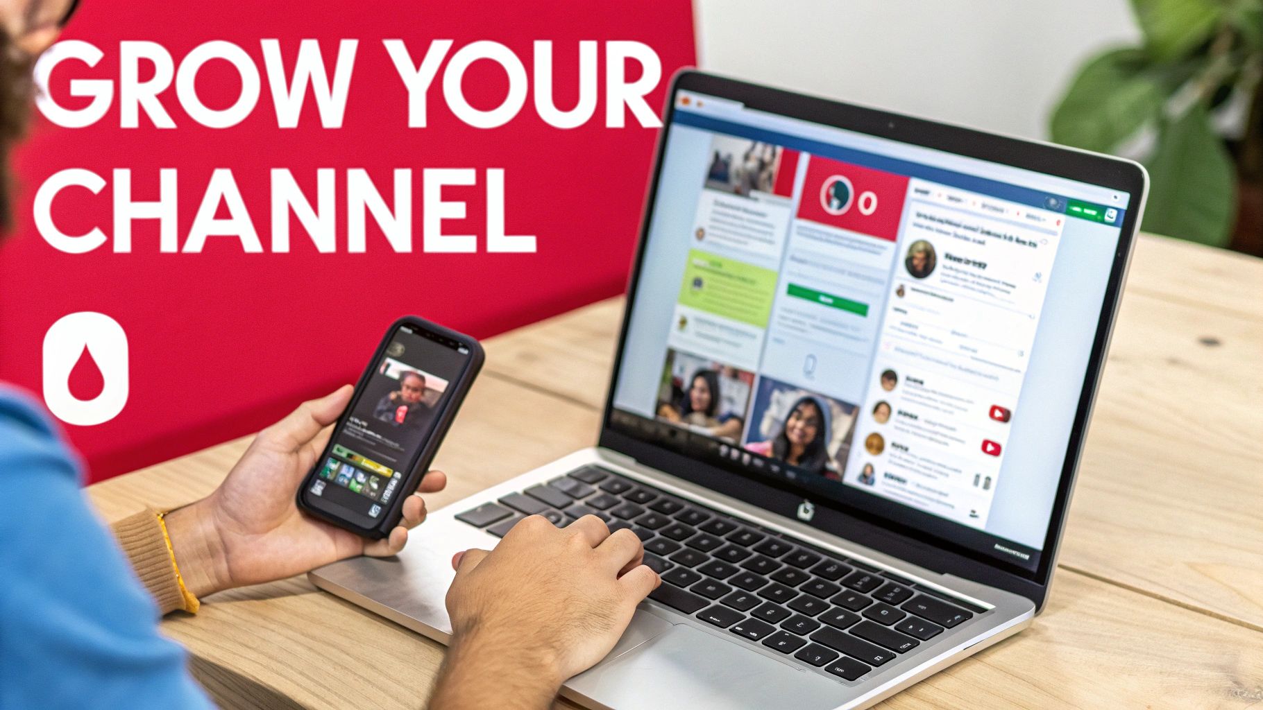 A person uses a laptop and smartphone to grow their online channel, featuring video content.