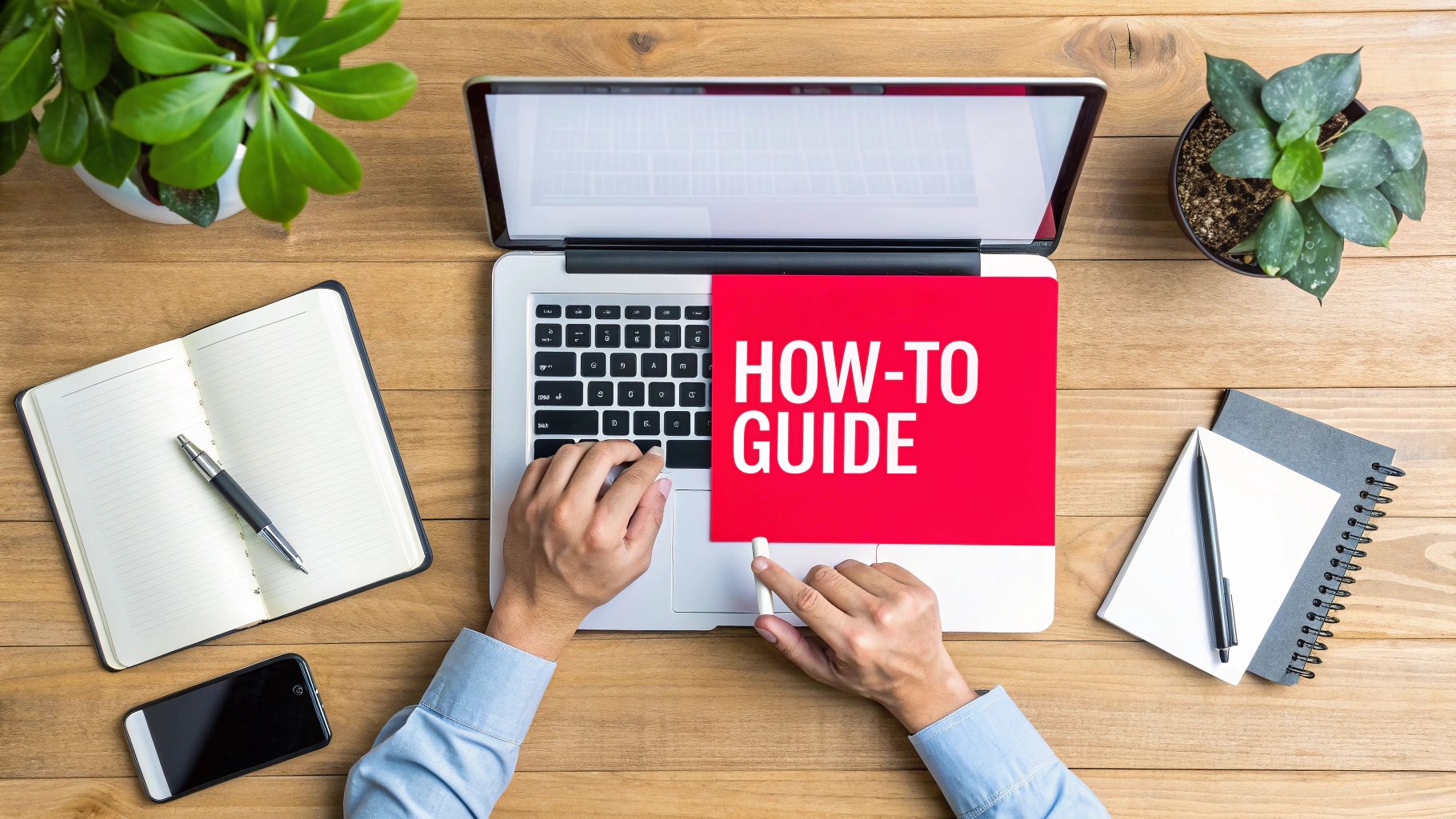 Flat lay of hands typing on a laptop with a 'HOW-TO GUIDE' banner on a wooden desk.