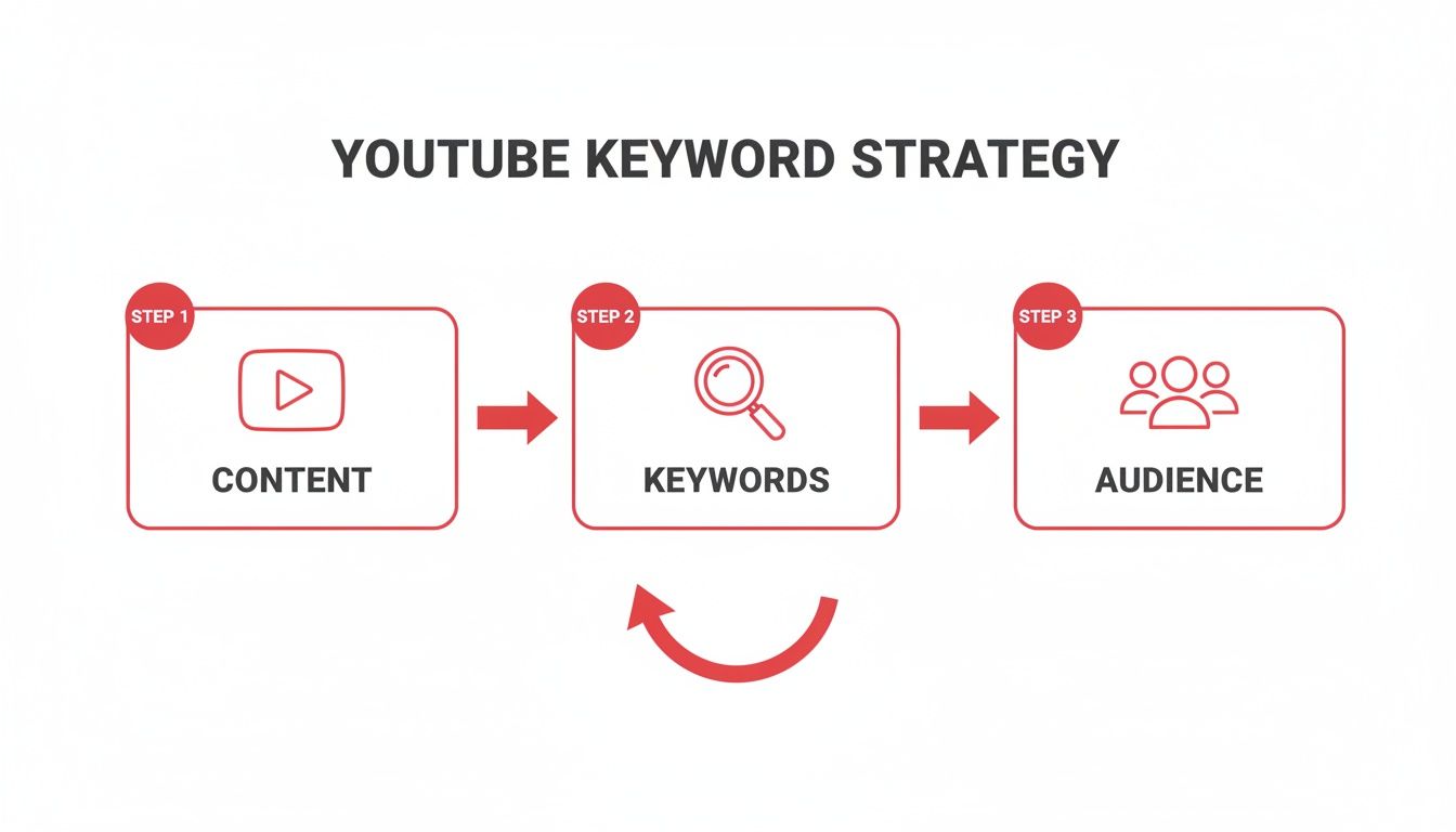 Diagram illustrating a YouTube keyword strategy with steps for content, keywords, and audience.