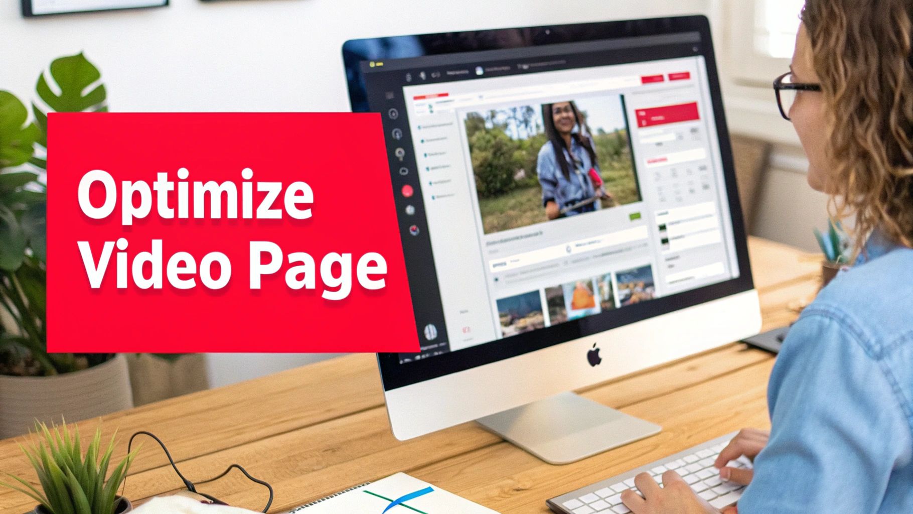 A person optimizes a video page on a desktop computer, with a plant and notebook on a wooden desk.