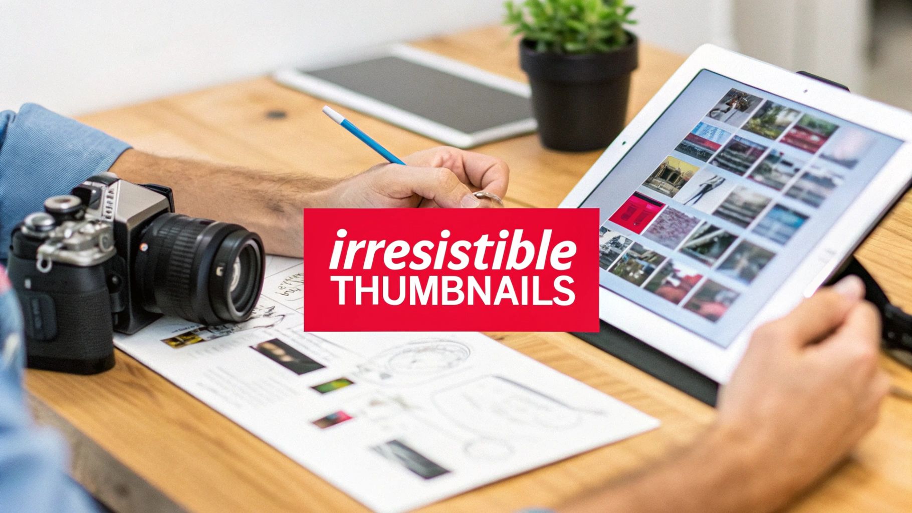 A person designs irresistible thumbnails on a tablet, with a camera and papers on a desk.