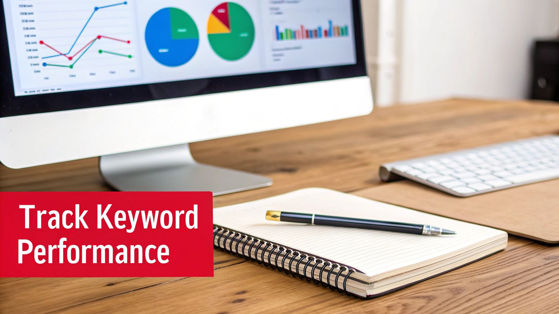 A computer monitor displaying data performance charts, with a notebook, pen, and keyboard on a wooden desk. Text: Track Keyword Performance.