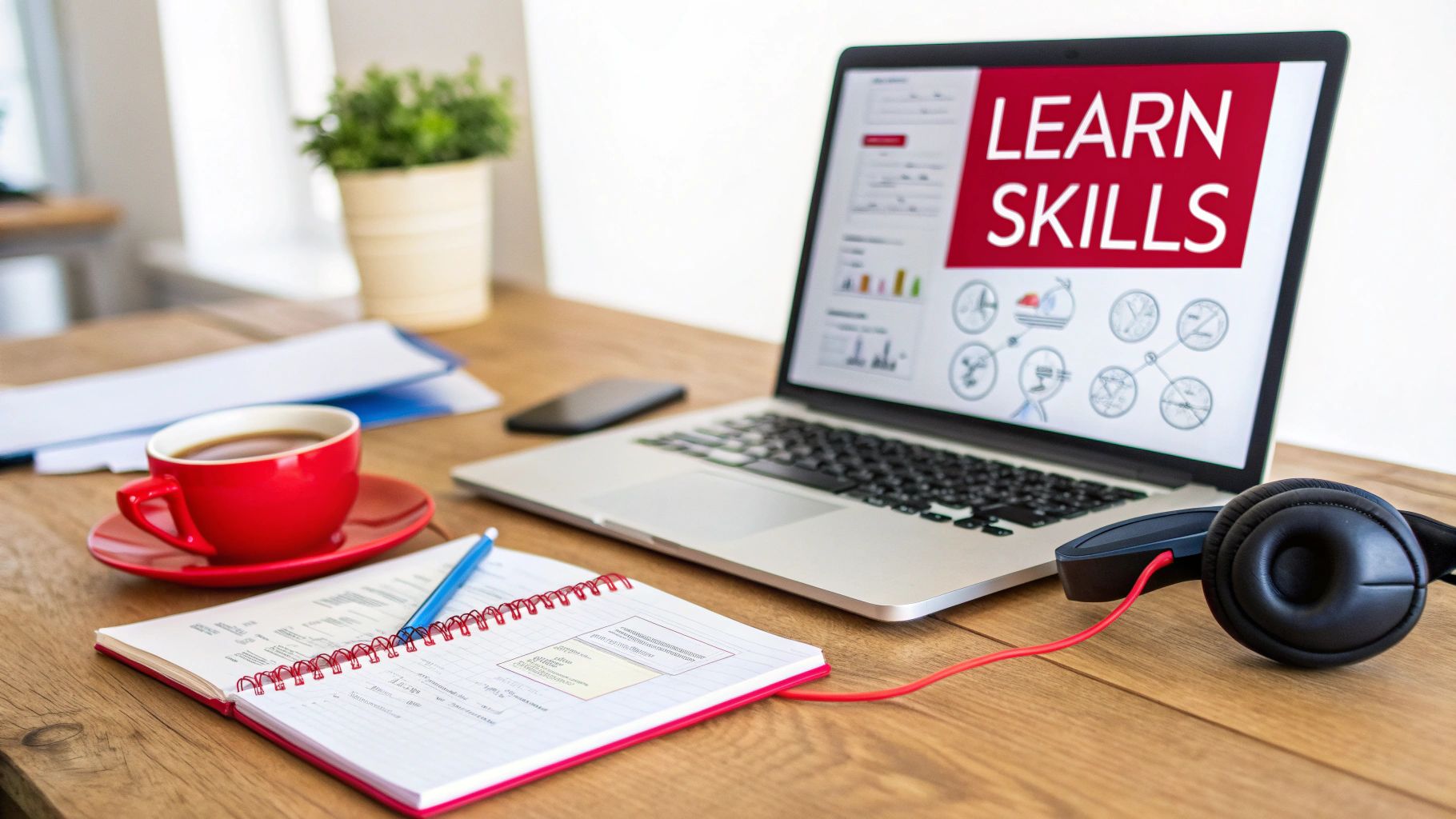 A laptop on a wooden desk showing 'LEARN SKILLS', with coffee, notebook, pen, phone, and headphones.