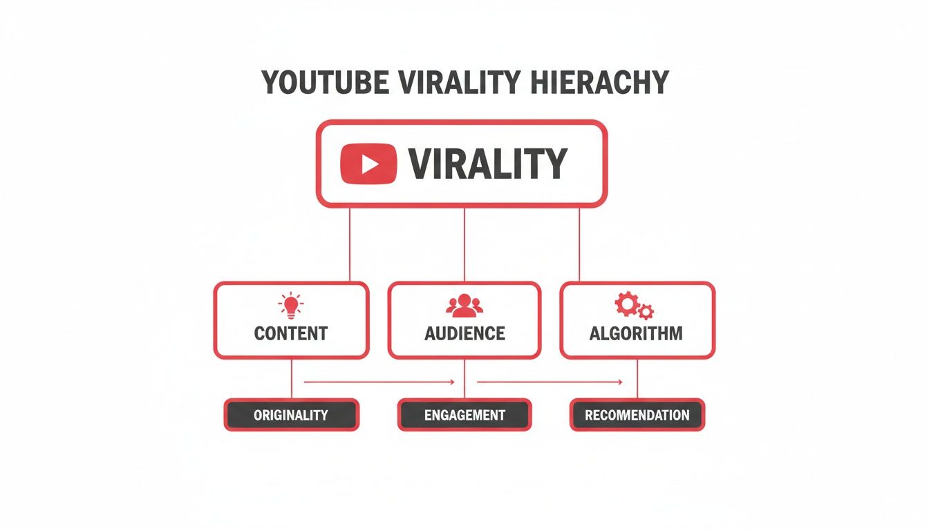 Hierarchy diagram illustrating factors for YouTube video virality: Content, Audience, and Algorithm.