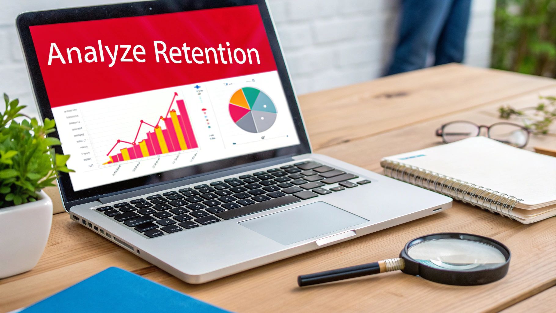 Laptop showing retention analysis charts, next to a notebook, glasses, and magnifying glass on a wooden table.
