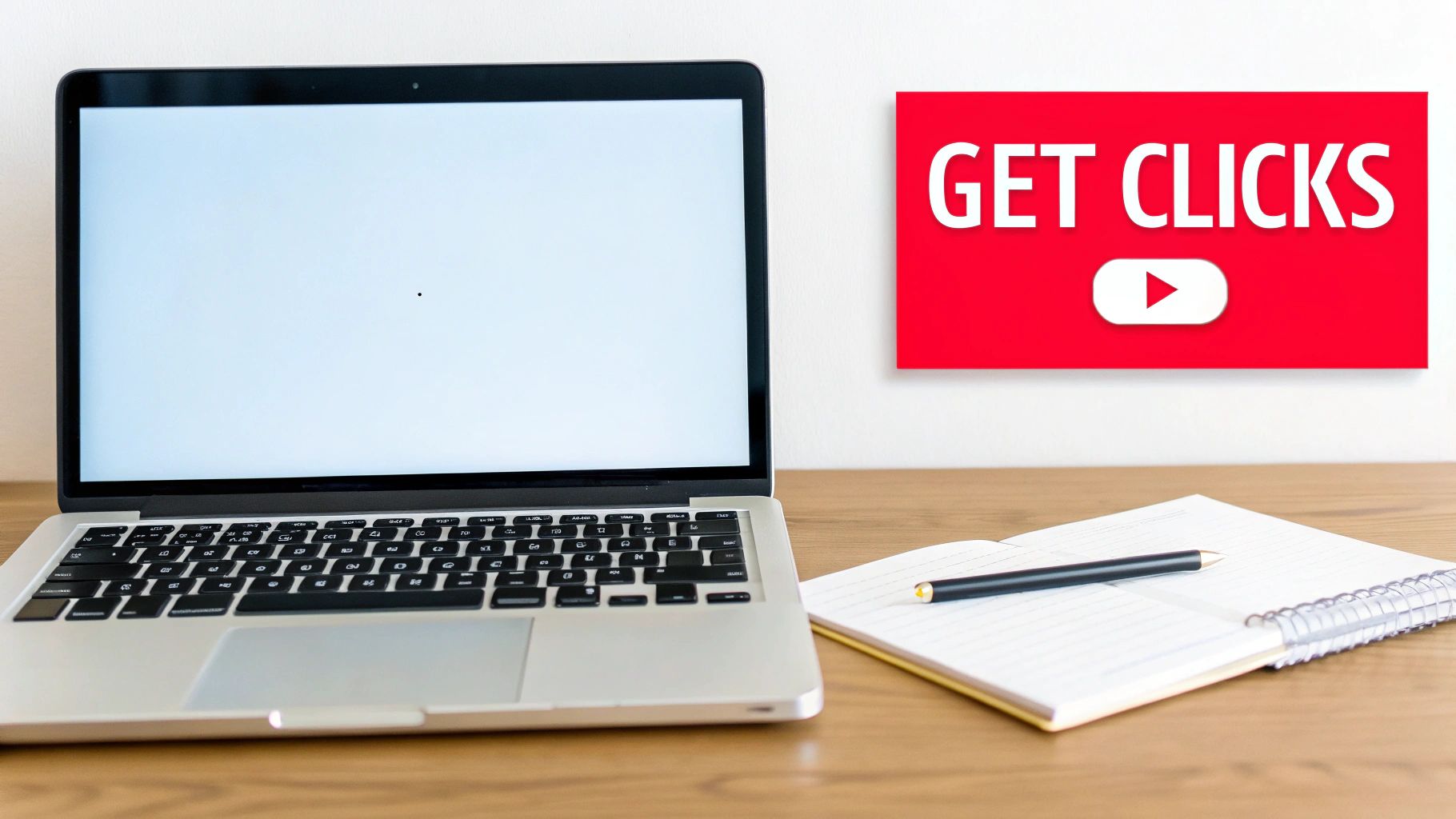 A laptop with a blank screen, a notebook with a pen, and a red 'GET CLICKS' sign.