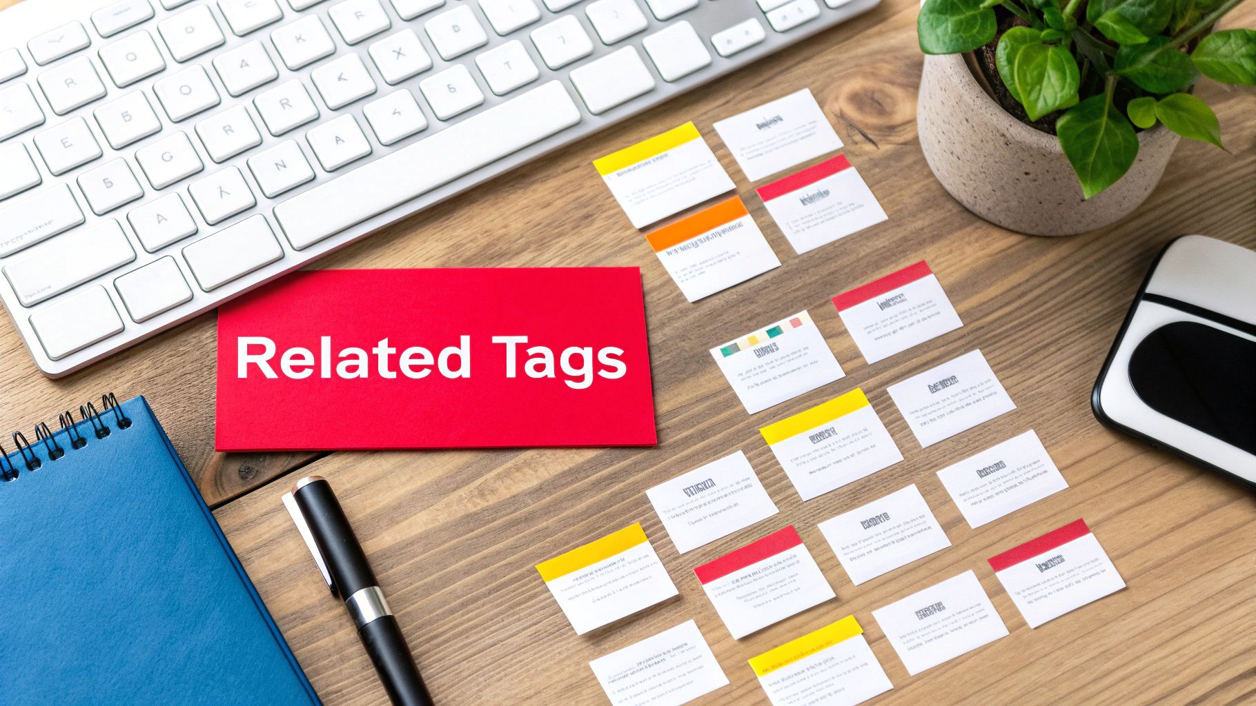 A desk with a keyboard, a red 'Related Tags' card, numerous small content cards, and office supplies.