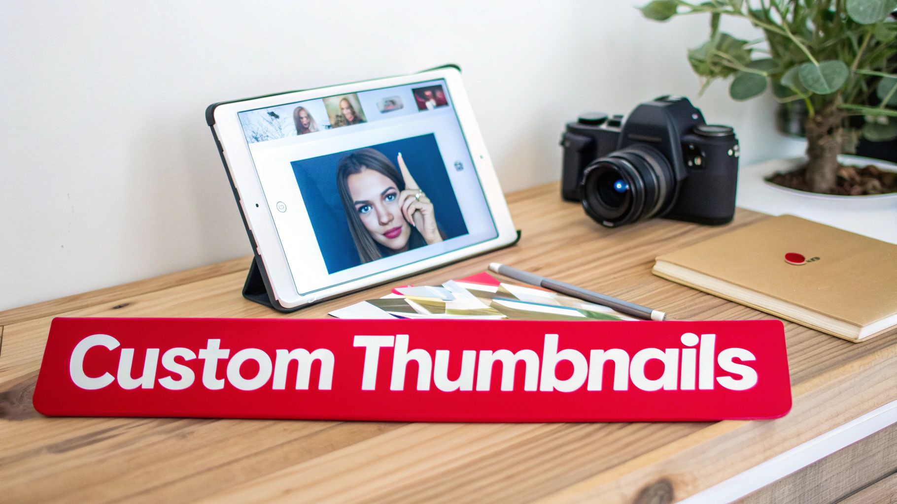 Workspace with an iPad displaying a custom thumbnail, a camera, and a red "Custom Thumbnails" sign.