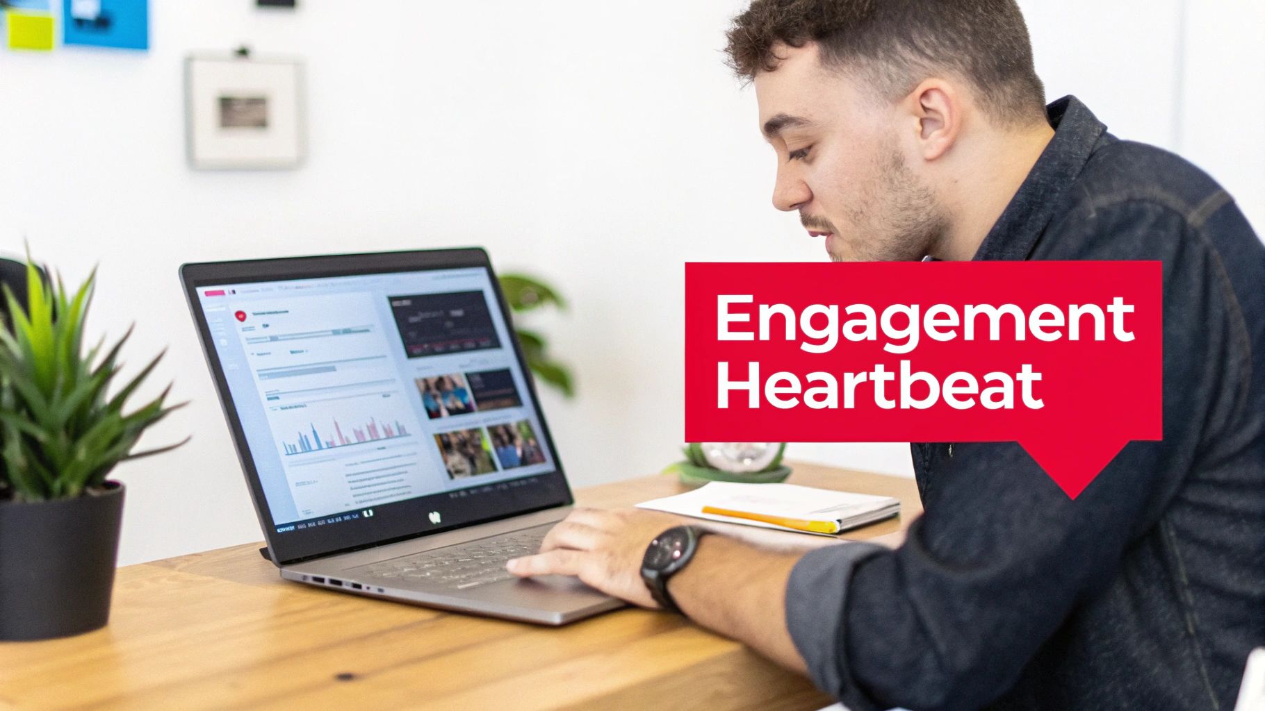 Man using a laptop displaying data analytics charts and an 'Engagement Heartbeat' overlay on screen.