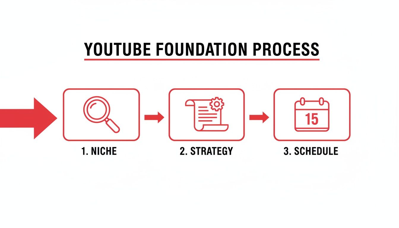 A diagram outlining the YouTube foundation process in three key steps: Niche, Strategy, and Schedule.