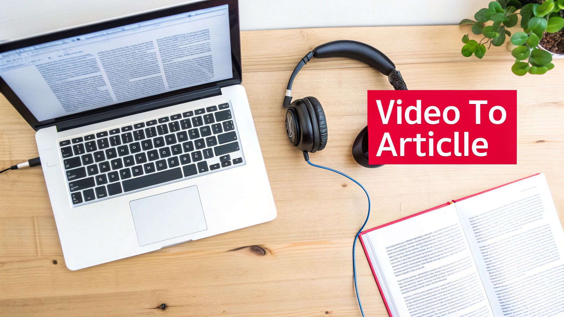 A top-down view of a workspace with a laptop, headphones, open book, and plant, featuring the text 'Video To Article'.