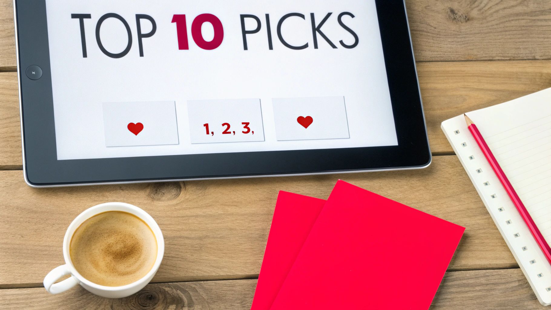 A tablet displaying 'TOP 10 PICKS' along with coffee and stationery on a wooden desk.