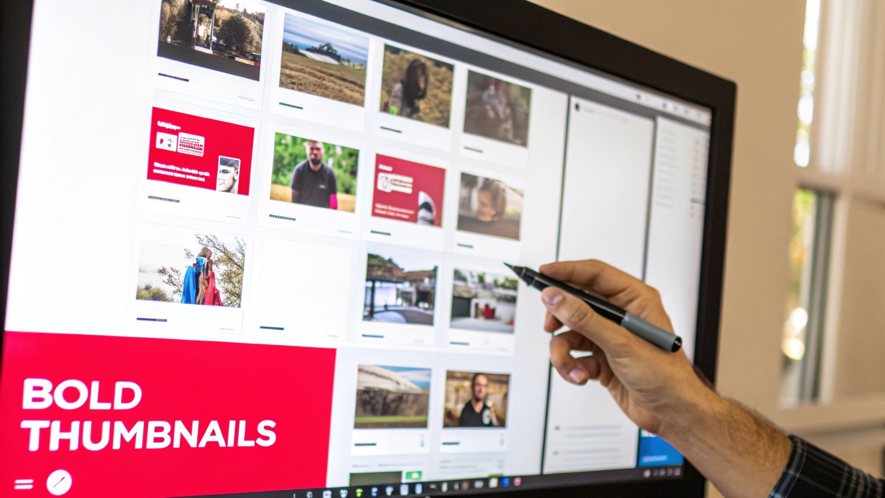 A hand holding a stylus points at a computer monitor displaying various video thumbnails and 'BOLD THUMBNAILS'.