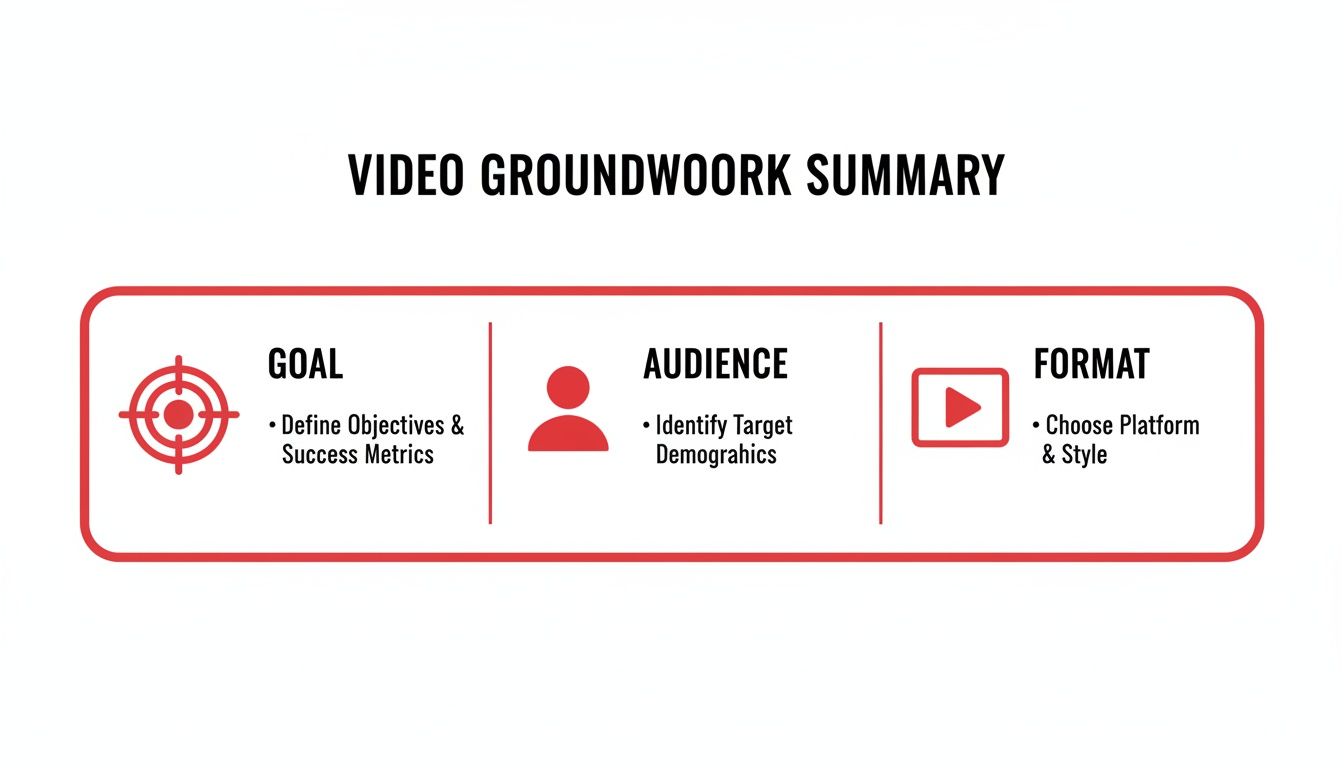 A video groundwork summary outlining goal, audience, and format with corresponding icons.